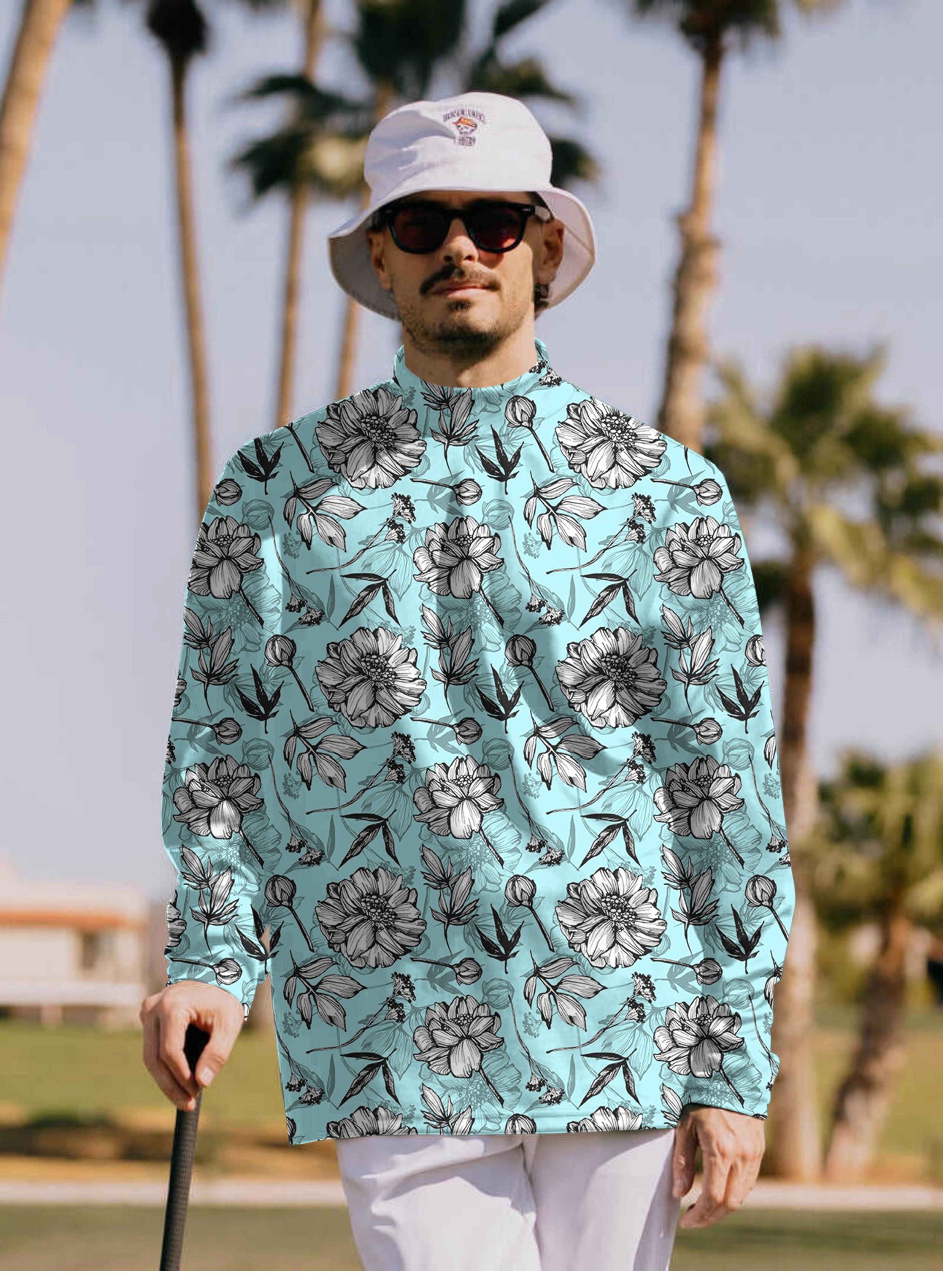Men's Blue Tropics Pullover High neck Long/Short sleeve T-Shirt