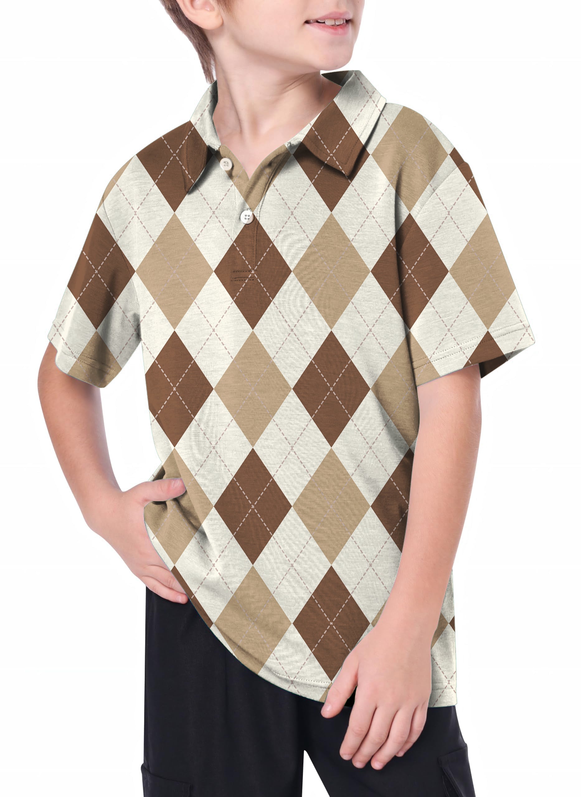Youth brown argyle golf polo shirt with 4-way stretch and UPF 40+ for youth women's outdoor activities