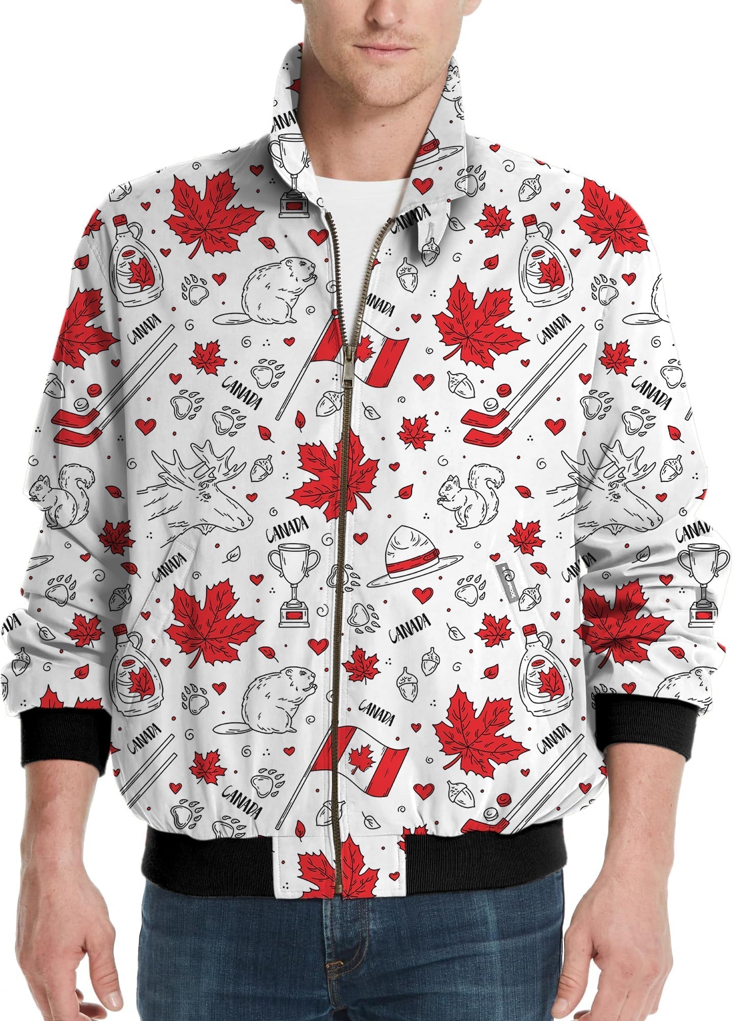 Canadian Balloon Squirrel men's golf windbreaker jacket with maple leaves and hockey graphics