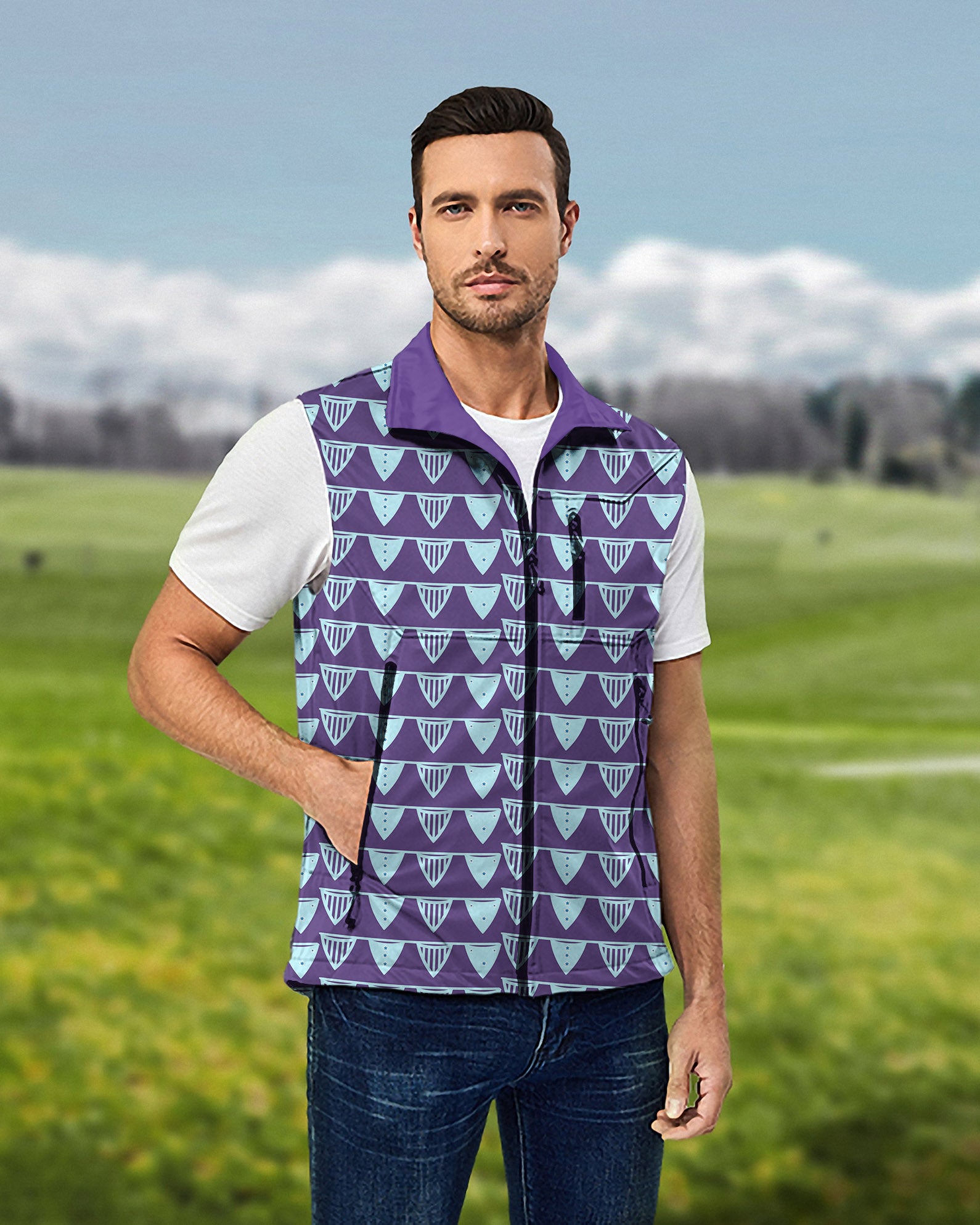 Men's Blue Flag Limited Edition Lightweight Softshell Vest Sleeveless Jacket for Golf Windproof Waterproof