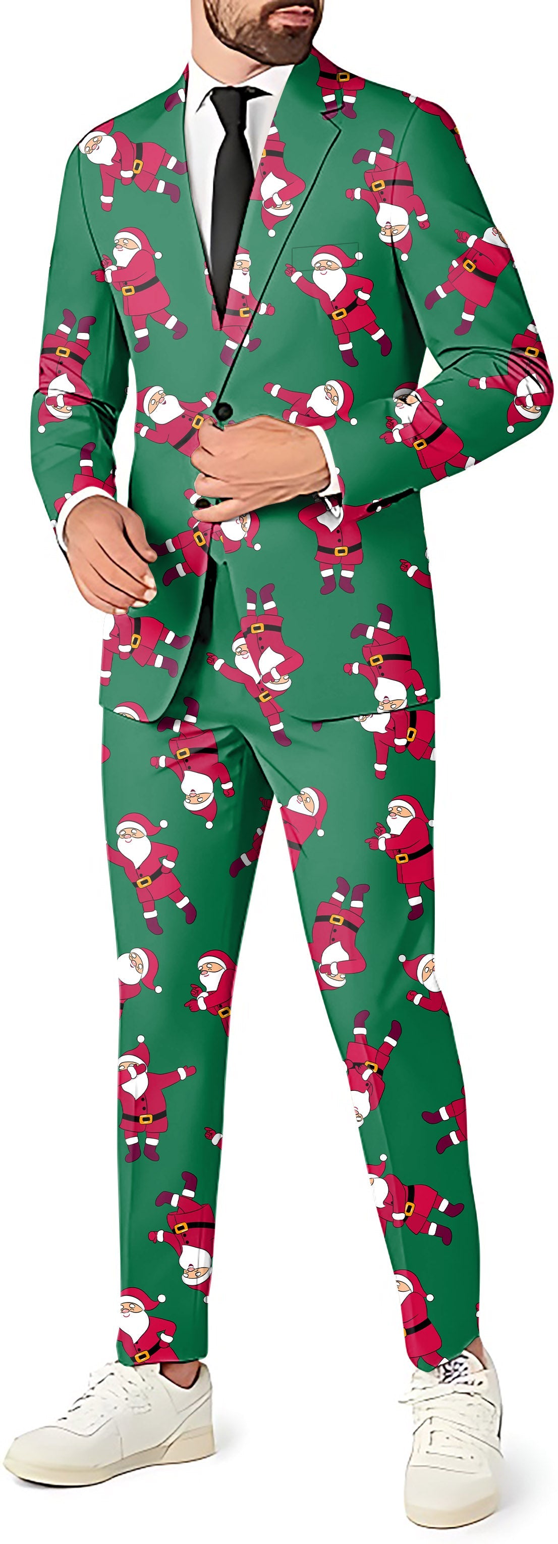 Christmas Santa Men's party costume suit set with blazer, pants, and vest featuring festive Santa pattern