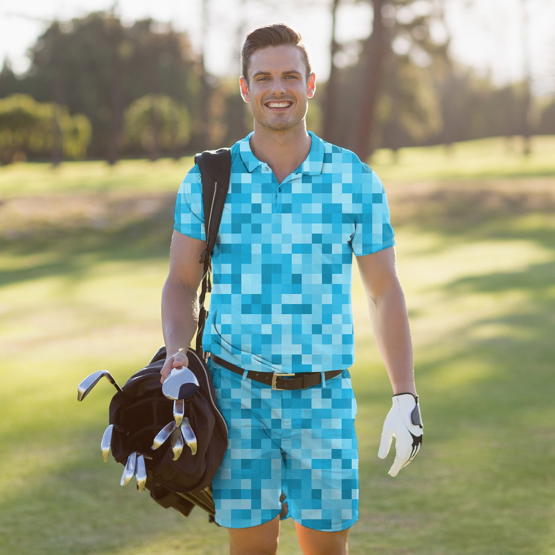 Men's golf set with blue pixel pattern polo and shorts, moisture-wicking, wrinkle-resistant, UPF 40+ protection, four-way stretch, classic fit.