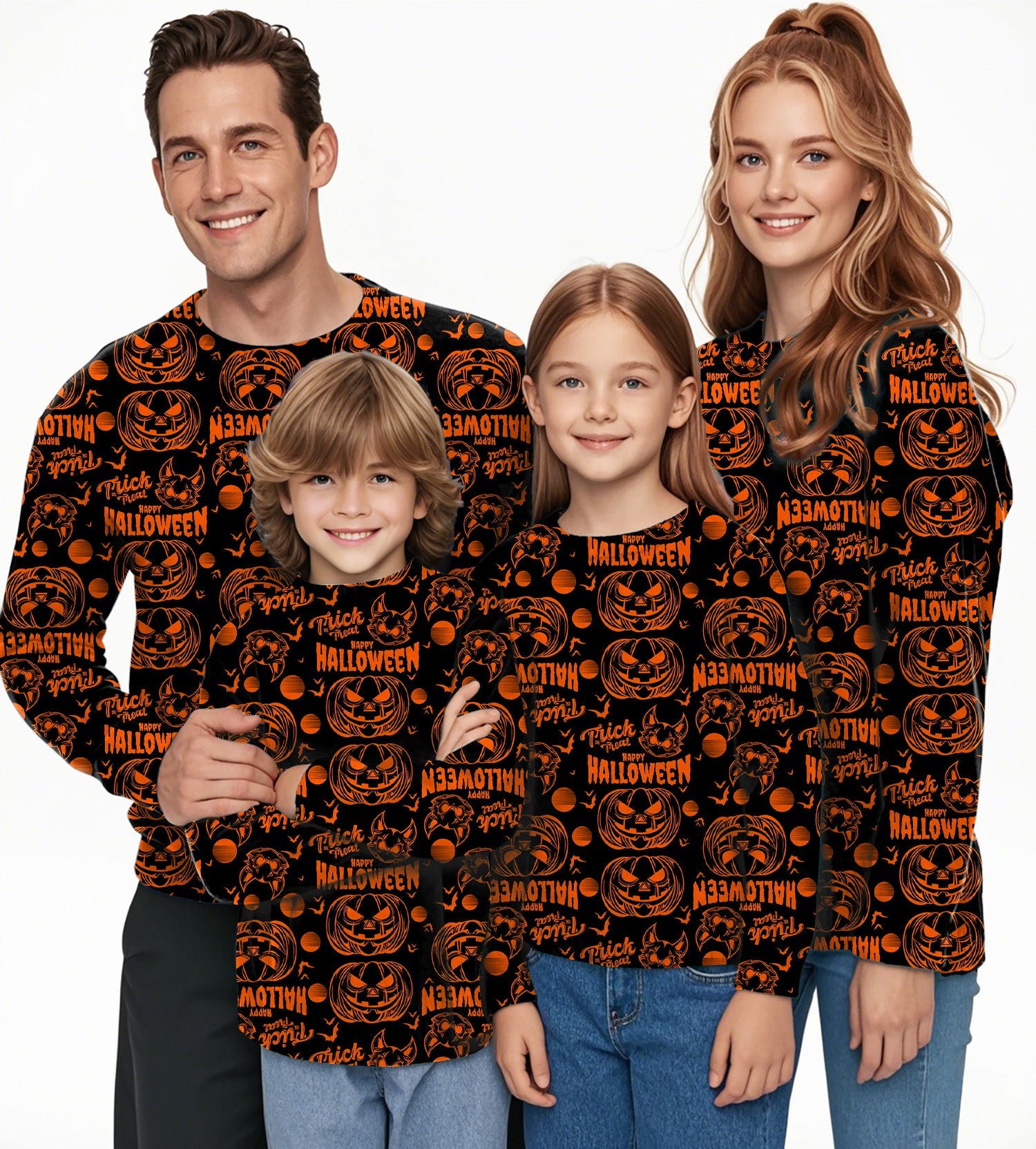 Family wearing Happy Halloween Pumpkin Crewneck pullover sweaters with pumpkin and Halloween text pattern