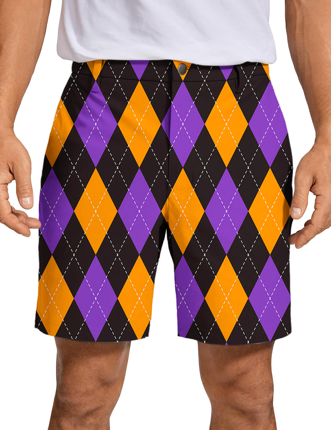 Men's golf shorts with orange, purple, and black argyle pattern, lightweight and breathable design