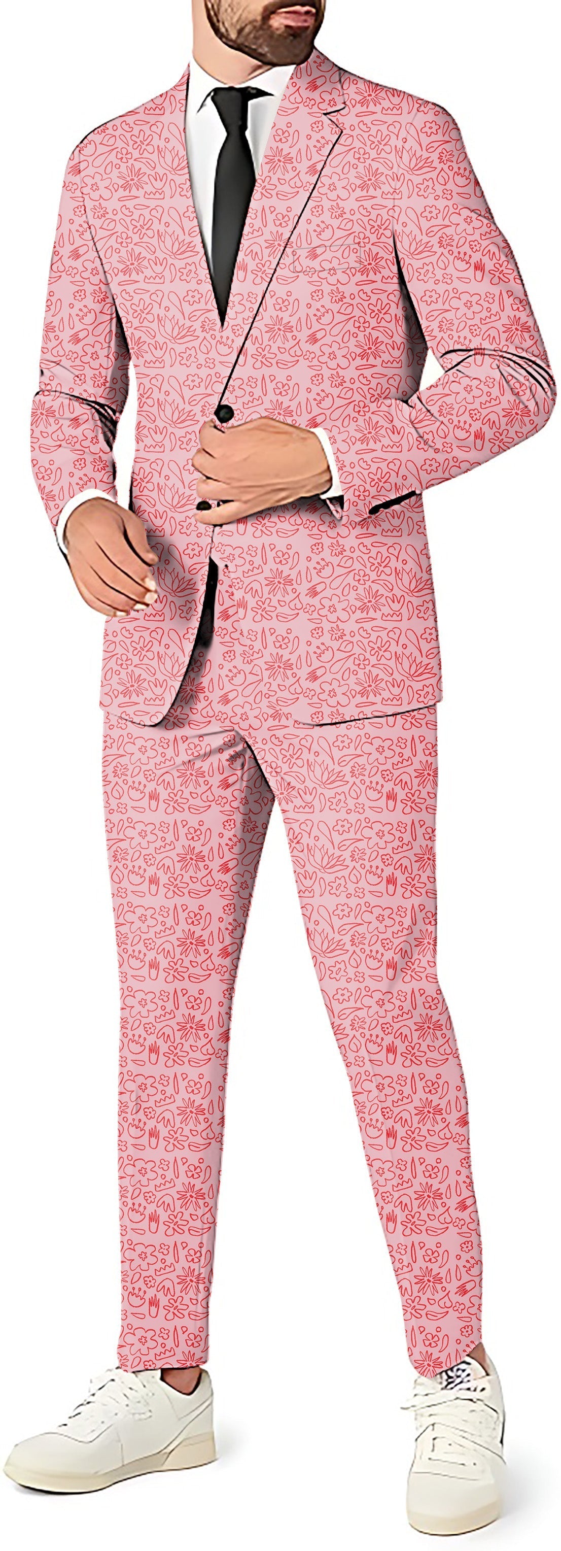 Men's pink flower drawing blazer and pants suit for theme parties