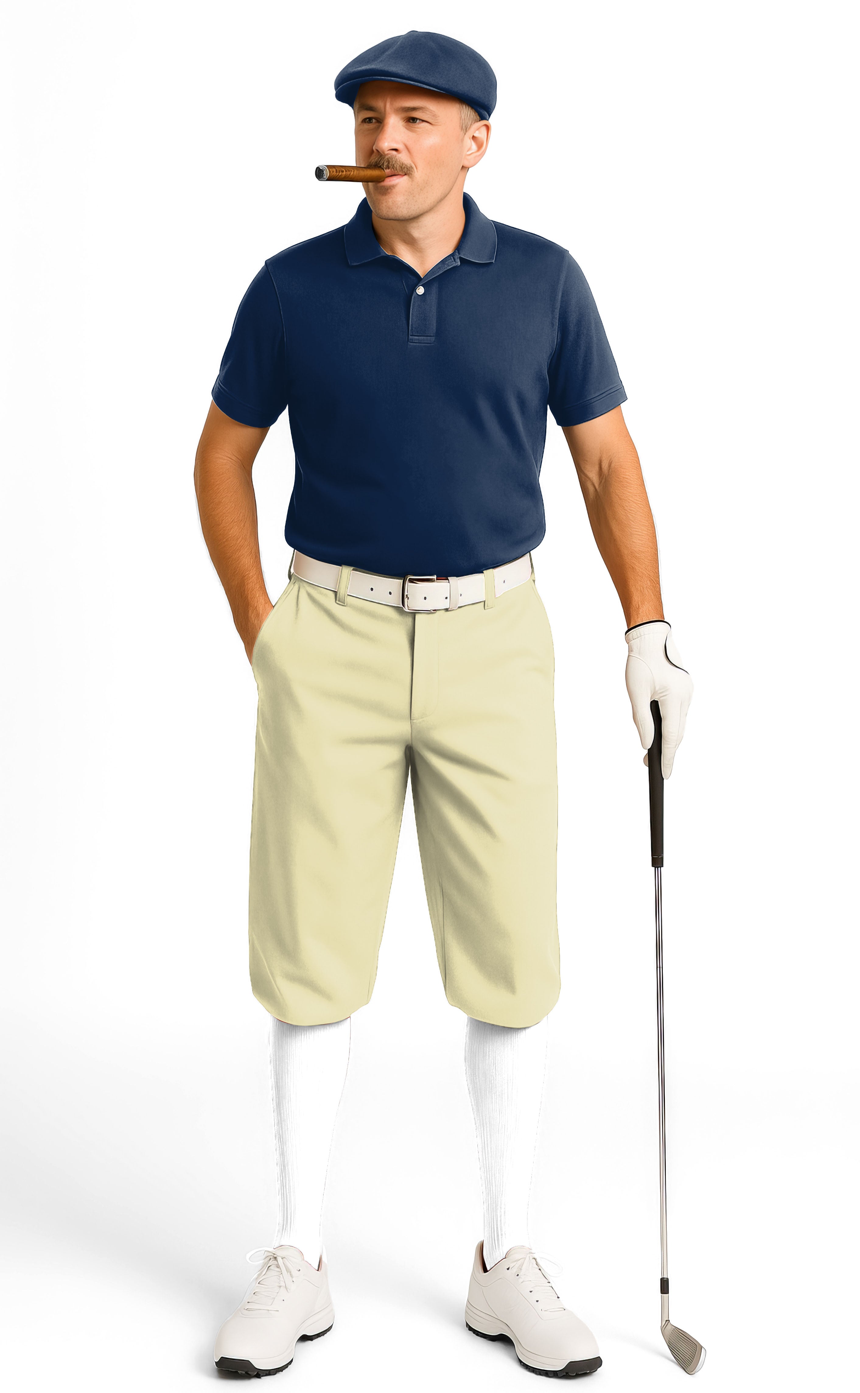 Man wearing natural men's golf knickers pants with navy polo, white socks, shoes, and cap holding golf club and cigar