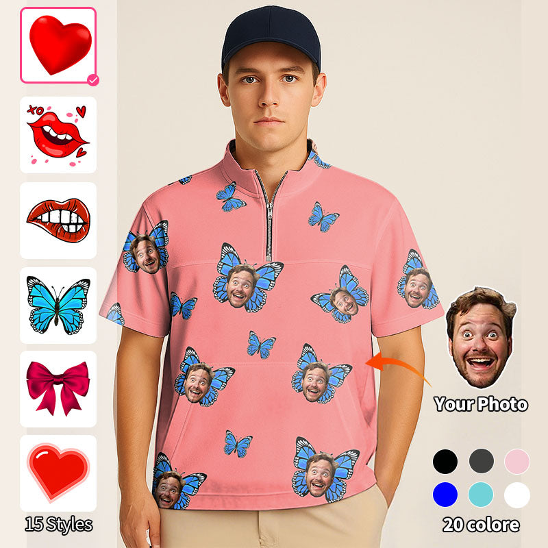 Valentine's Day Half Zipper Turtleneck Golf Short Shirt Custom Photo Face Custom Colorhot Pink Love Embroidery