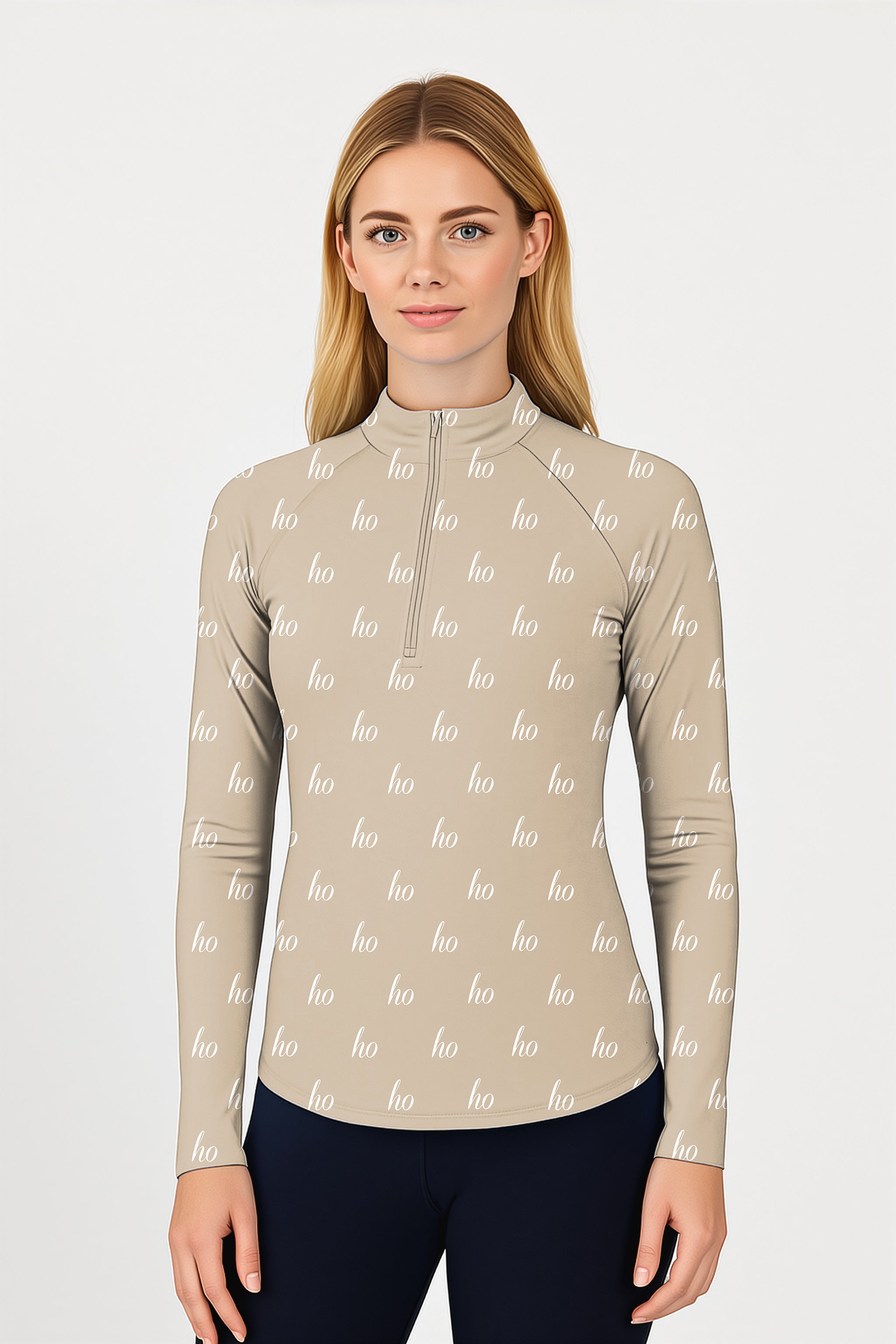 Beige custom name Christmas women's golf active 3/4 zip top with long sleeves and mock collar