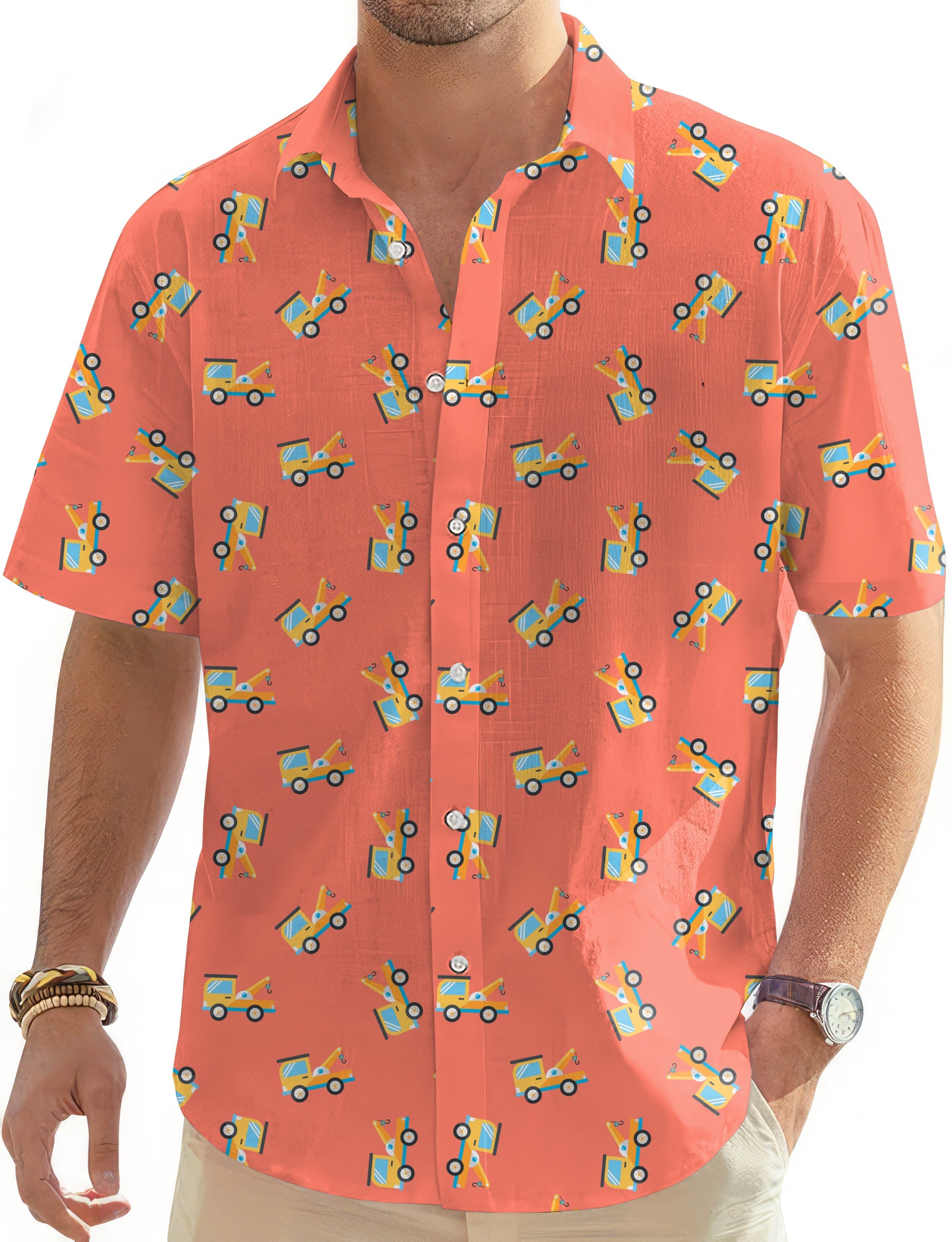 Men's Hawaiian shirt with crane engineering vehicle print and button-down design