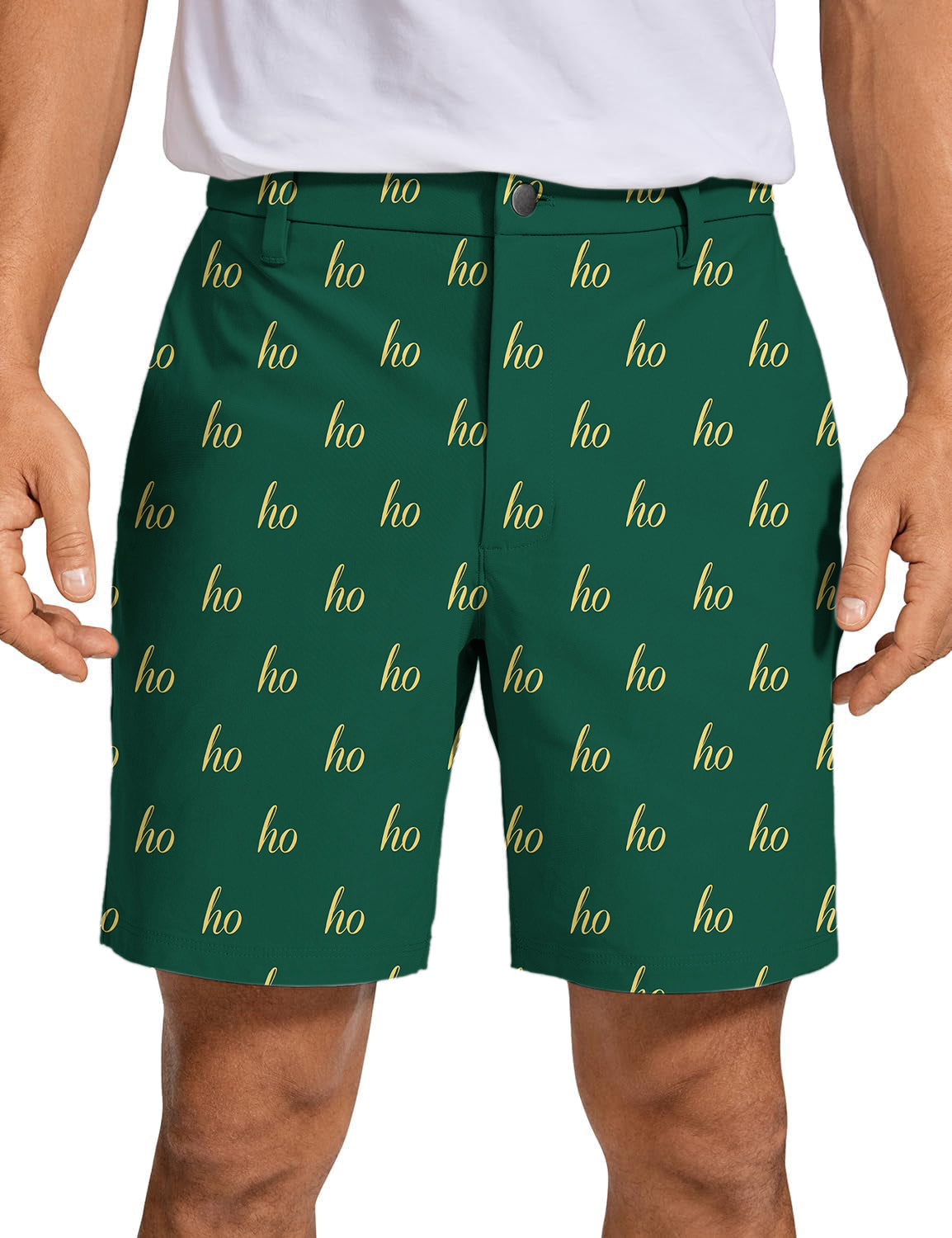 Men's dark green golf shorts with custom name pattern, quick dry, lightweight and wrinkle-free golf shorts
