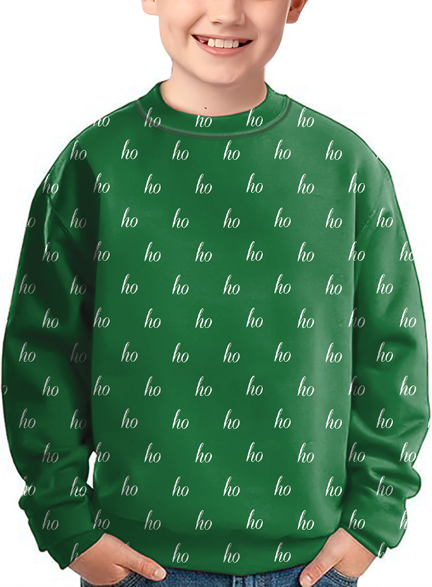 Green custom name kids Christmas crewneck pullover with "ho" text pattern