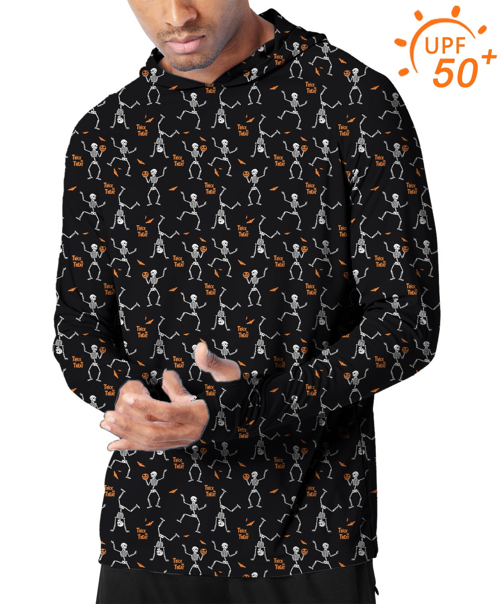 Men's outdoor Halloween dancing skeletons slim fit hoodie with UPF 50+ sun protection and breathable fabric