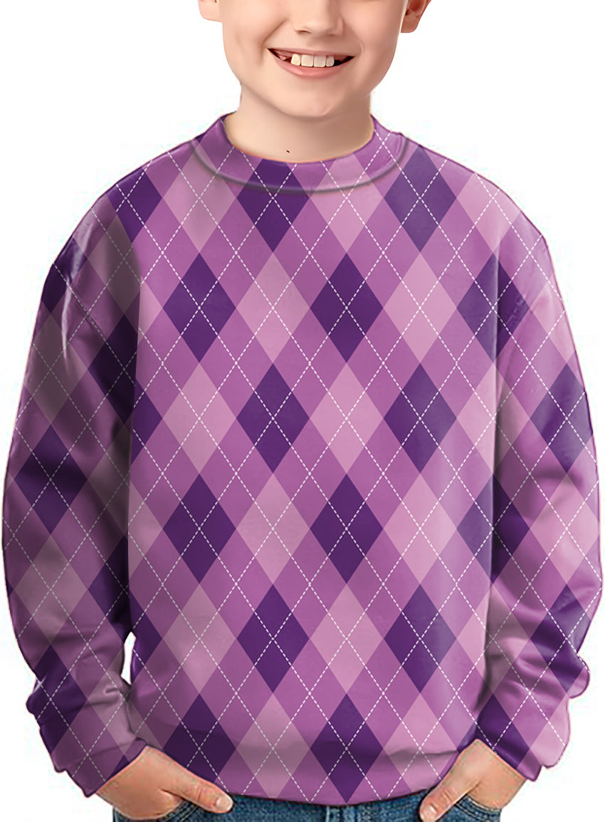 purple Argyle crewneck pullover kids ugly sweater with diamond pattern