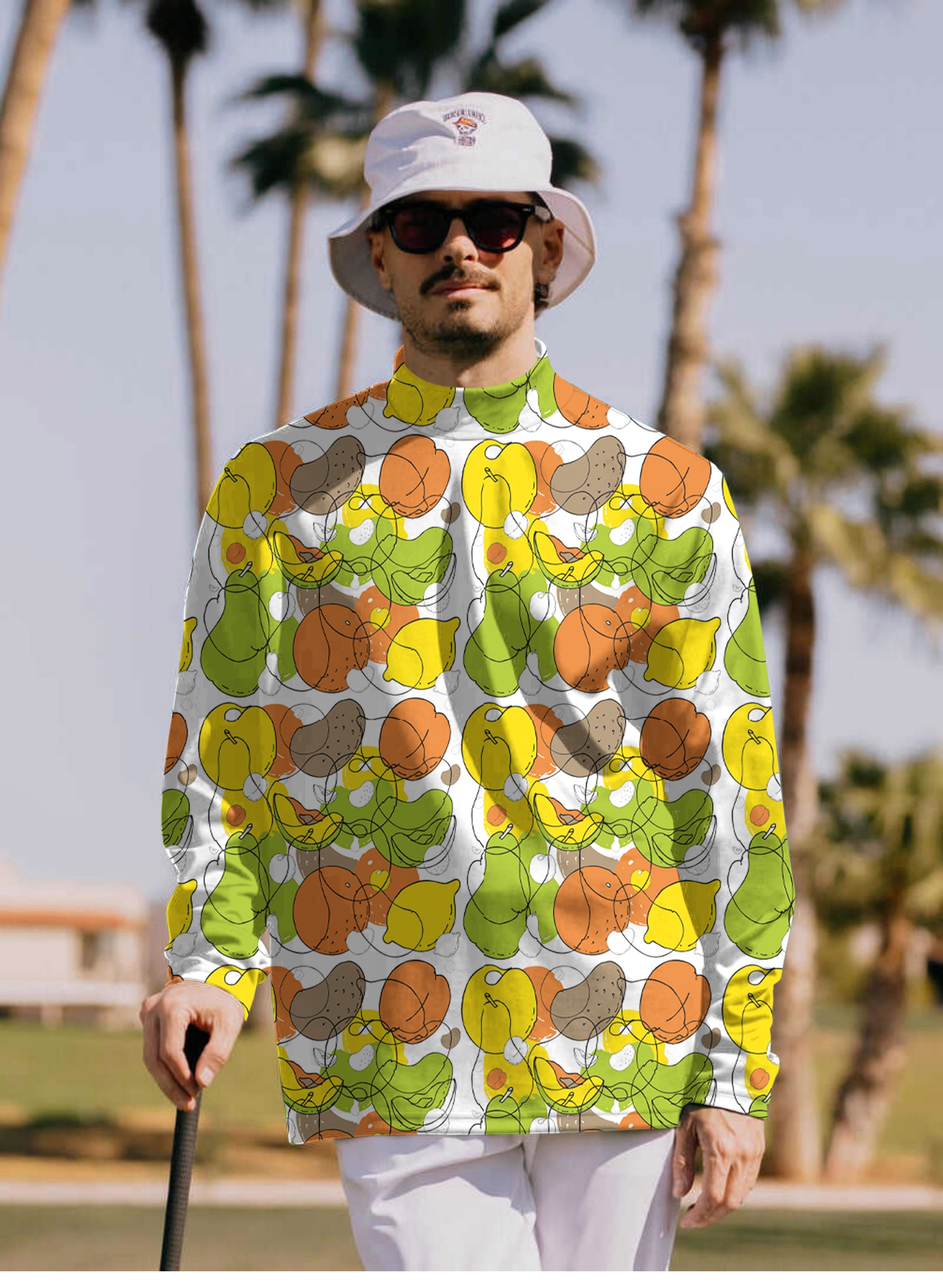 Men's colorful fruit pullover high neck long sleeve t-shirt with fruit pattern outdoors
