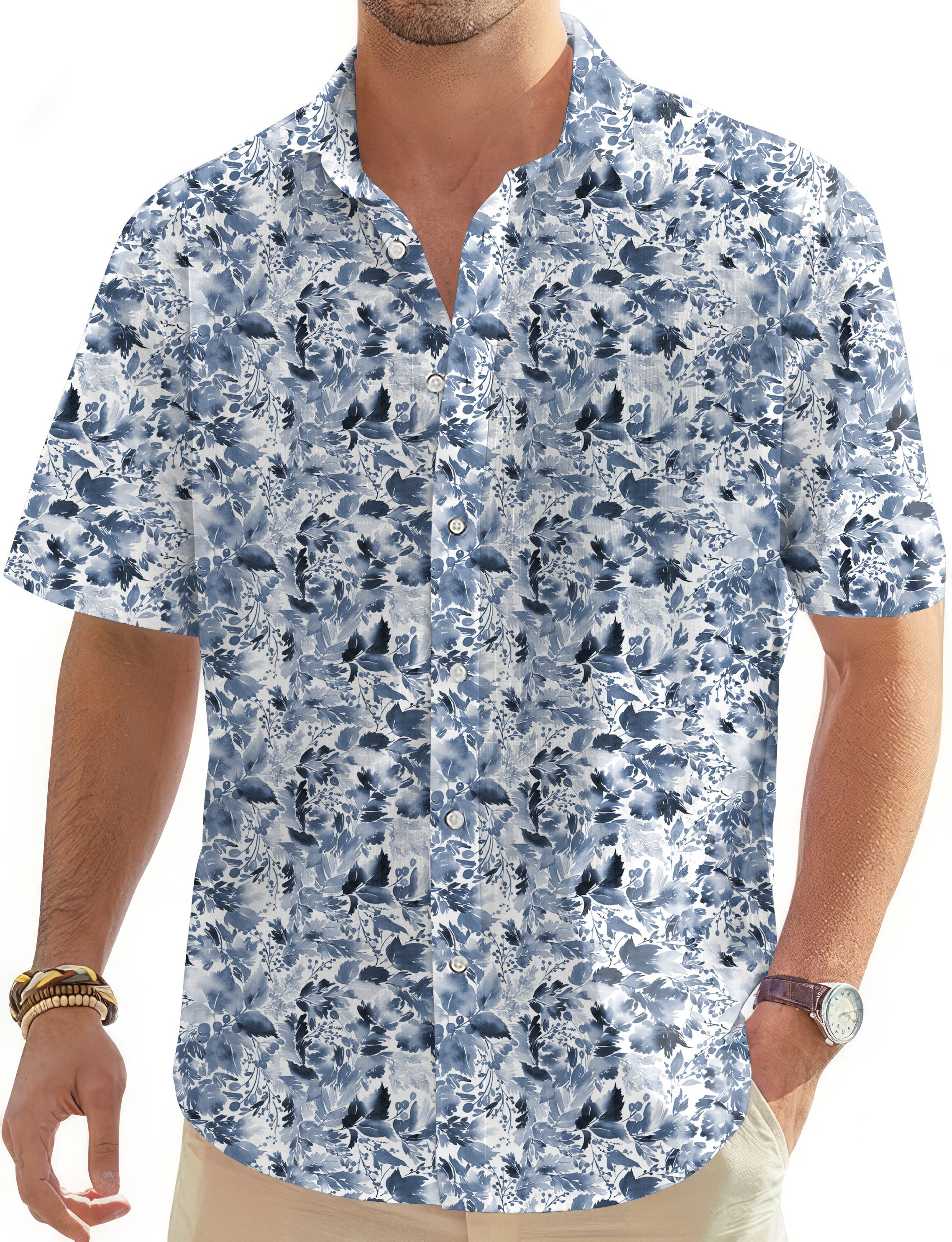 Men's BLUE LEAVES Hawaiian golf shirt with button-down front and short sleeves in blue floral pattern