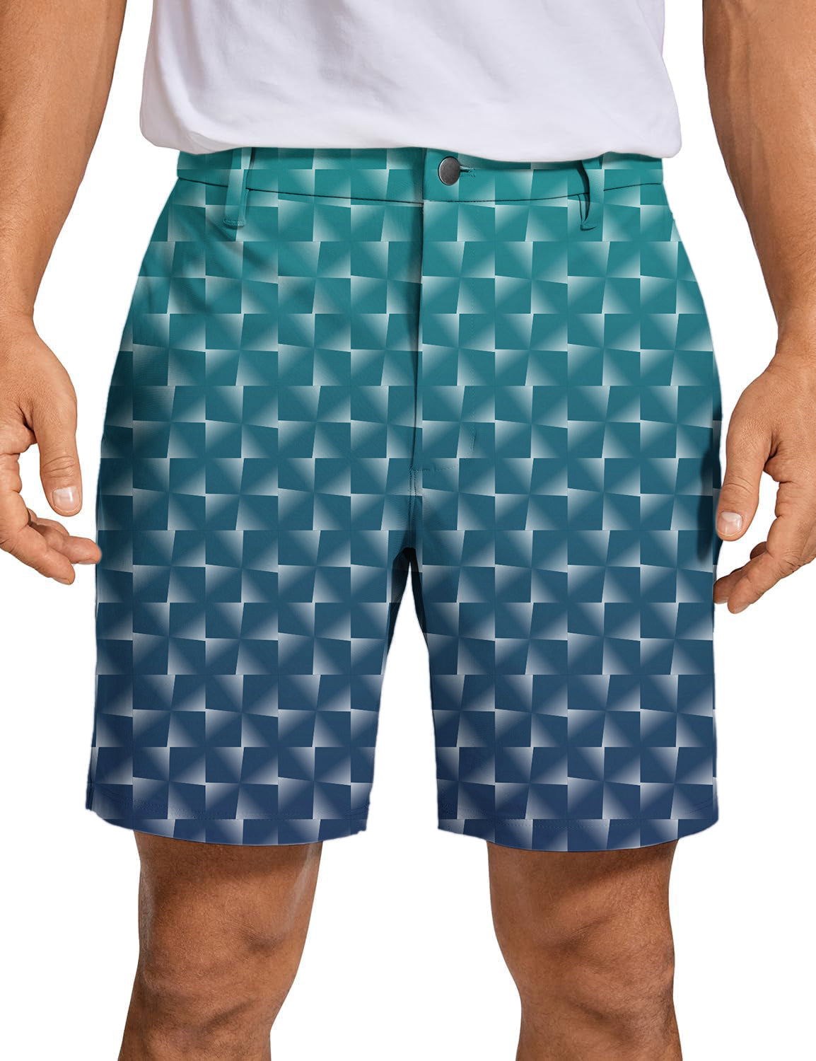 Men's cyan gradient golf shorts with geometric pattern and advanced performance fabric