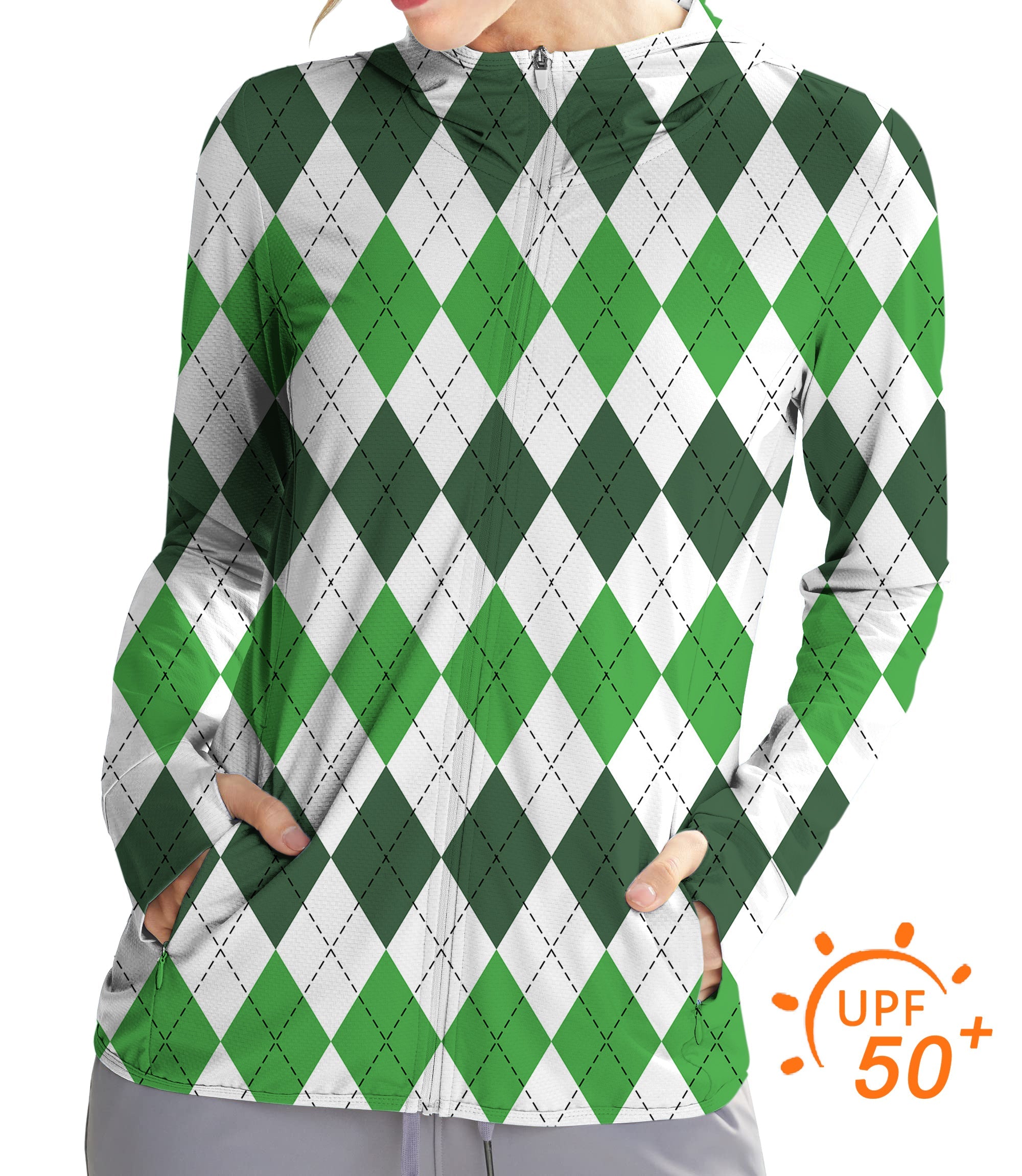 Women's Outdoor St. Patrick's Day argyle plaid zip hoodie with UPF 50+ sun protection and slim fit design