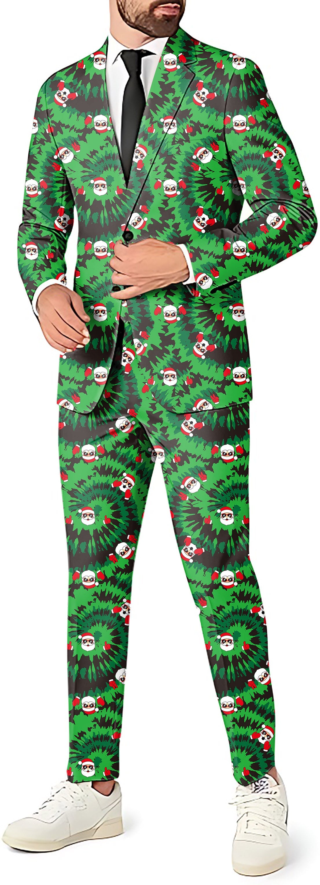 Christmas Santa men's party suit with blazer, pants, and vest in festive green print