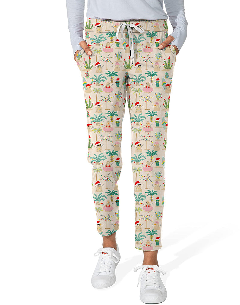 Christmas desert women's 7/8 stretch ankle golf pants with holiday print, elastic waistband, and side pockets.