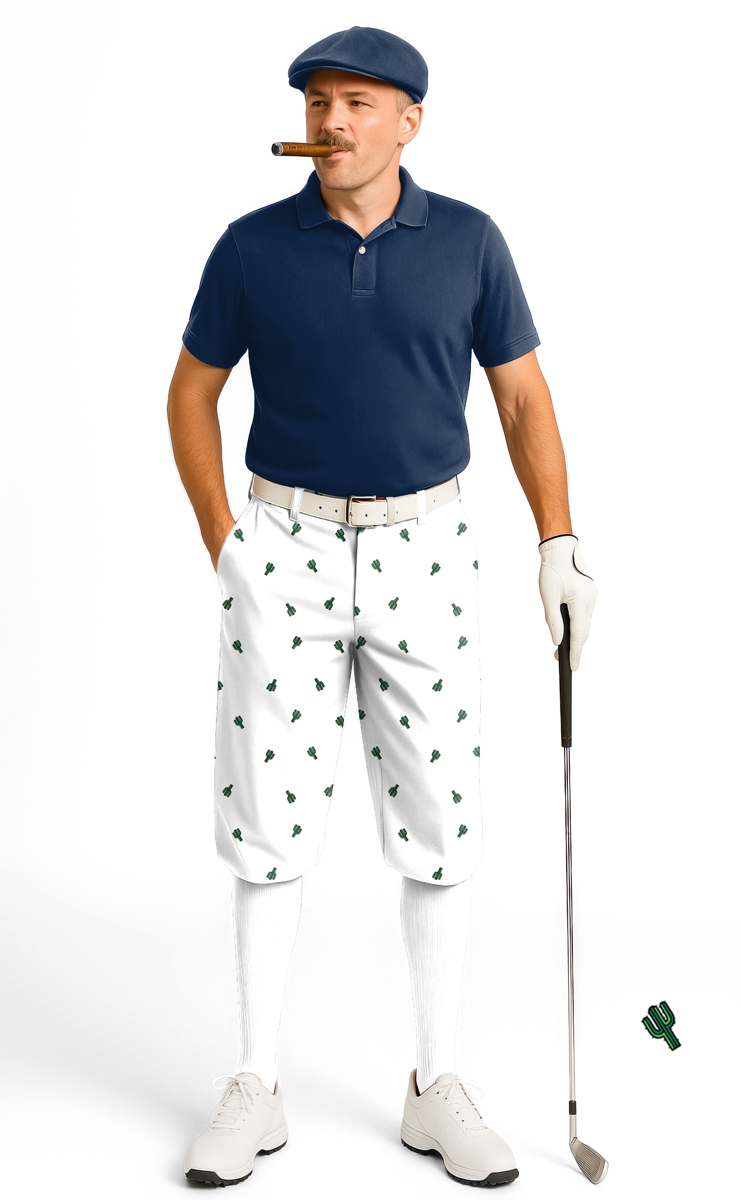 Men's golf knickers with cactus custom background color pattern, soft stretchy fabric, and snug ankle cuffs.