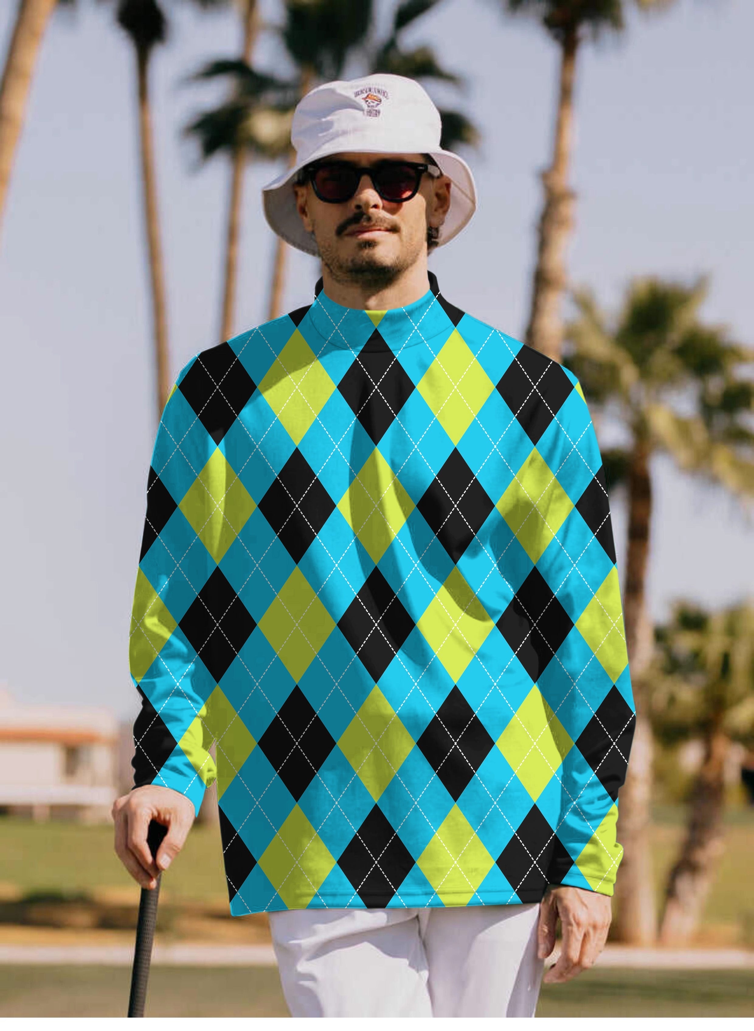 Men's Halloween argyle pullover shirt in black, green, blue, and white with high neck and long sleeves