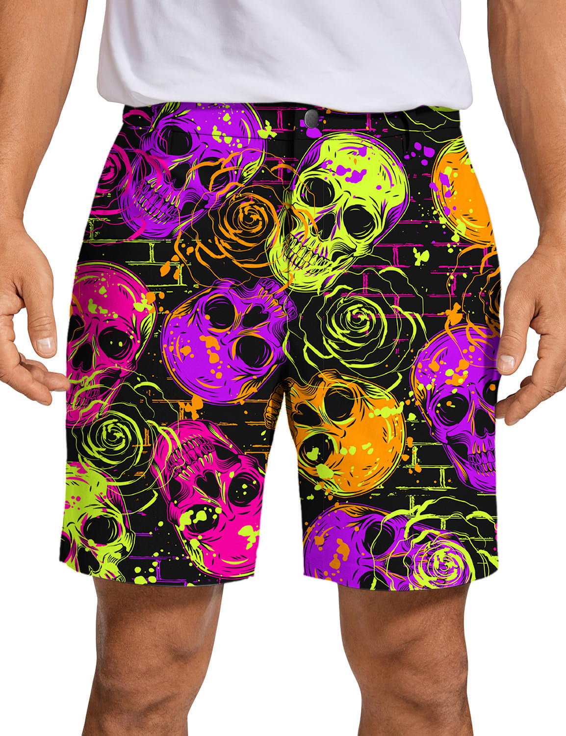 Men's Halloween Colors Skull golf shorts with vibrant skull and rose patterns on black background