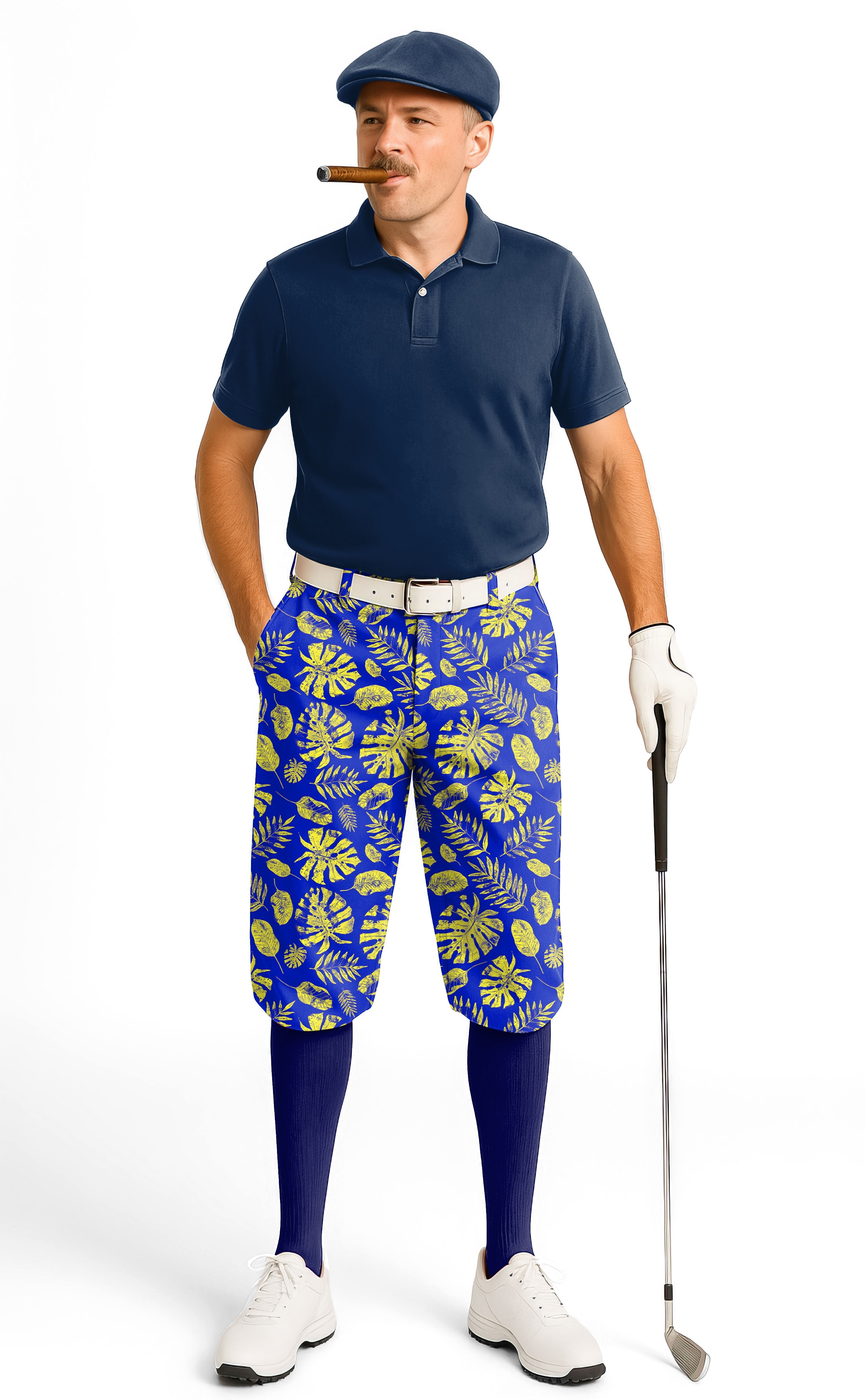 Man wearing tropical plants men's golf knickers pants with ankle cuffs and blue floral pattern on white background