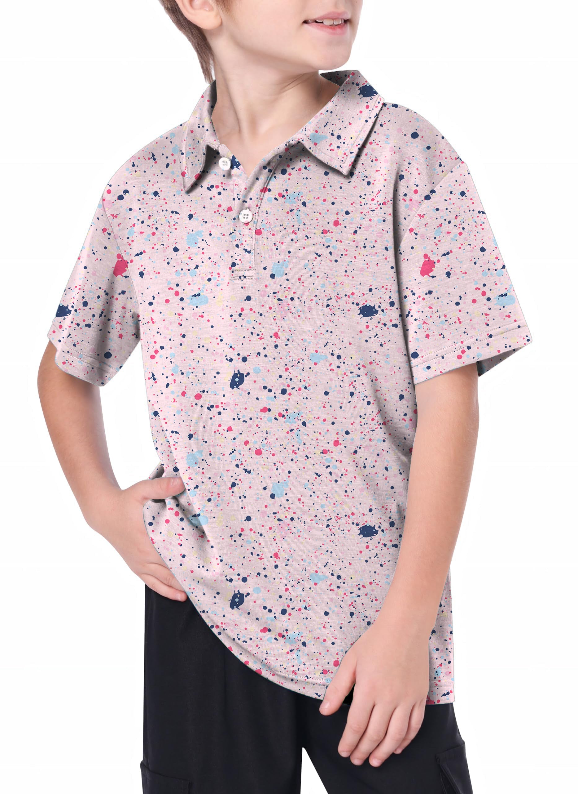 Youth black pink ink dots golf polo with 4-way stretch and moisture-wicking fabric
