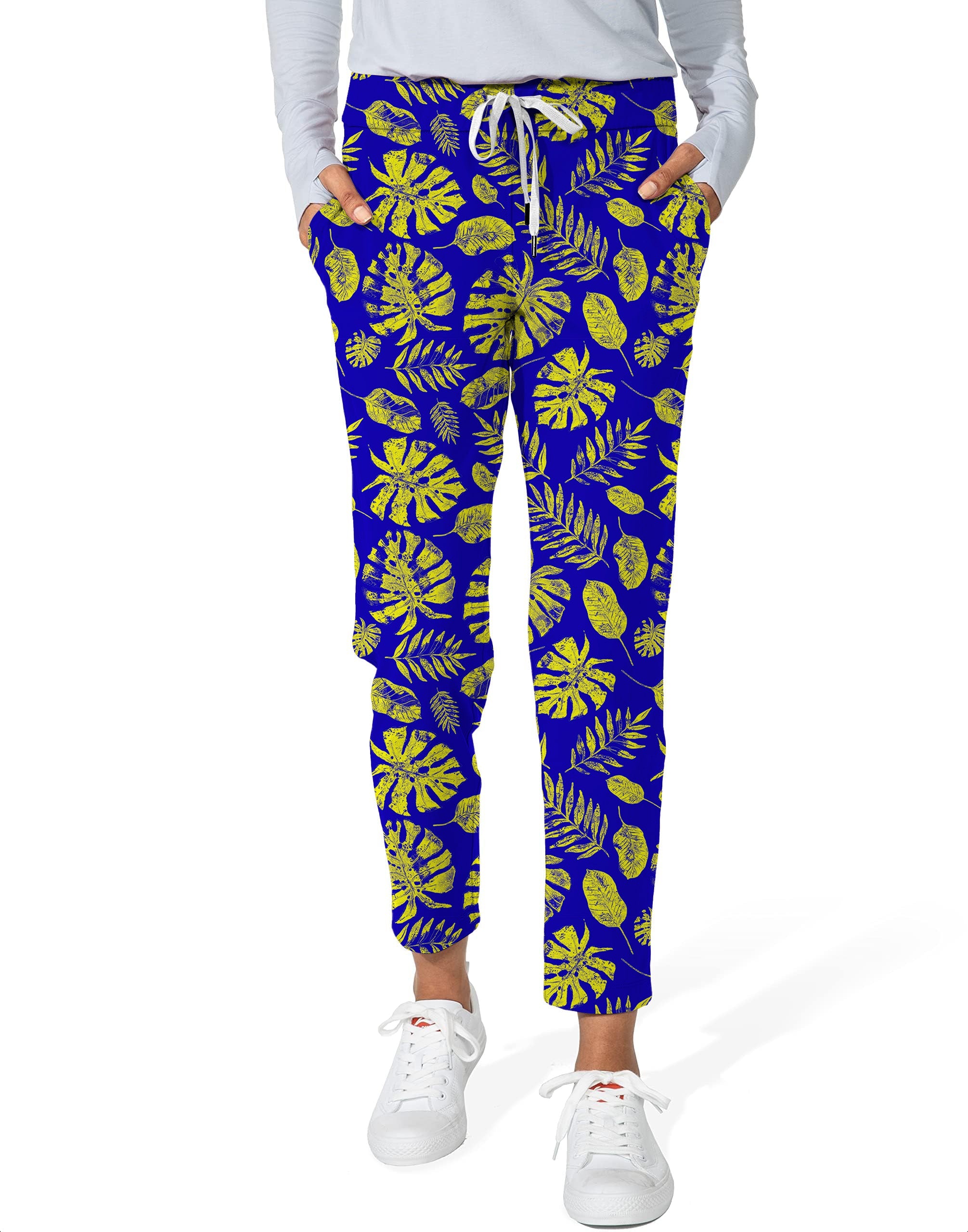 Tropical plants women's 7/8 stretch ankle golf pants with blue and yellow leaf print