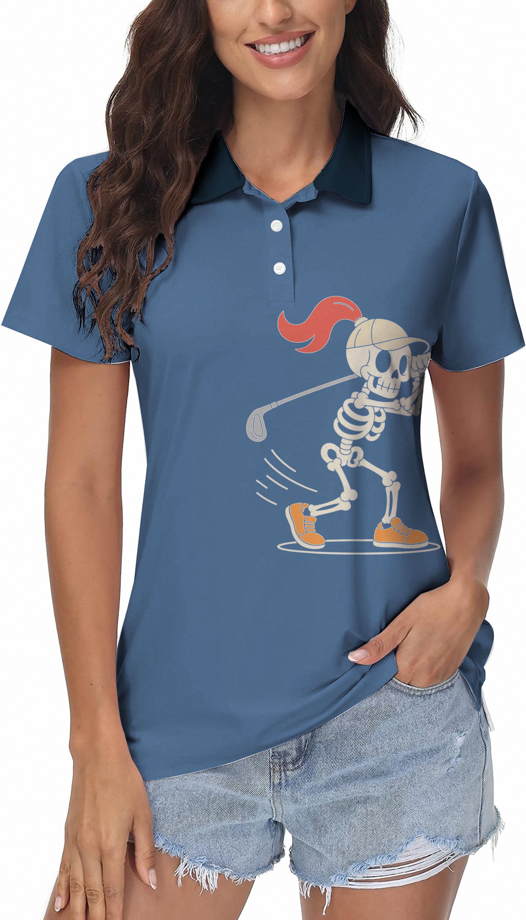 Pumpkin Blue Halloween Skeleton Golf Women's golf Sleeveless shirt