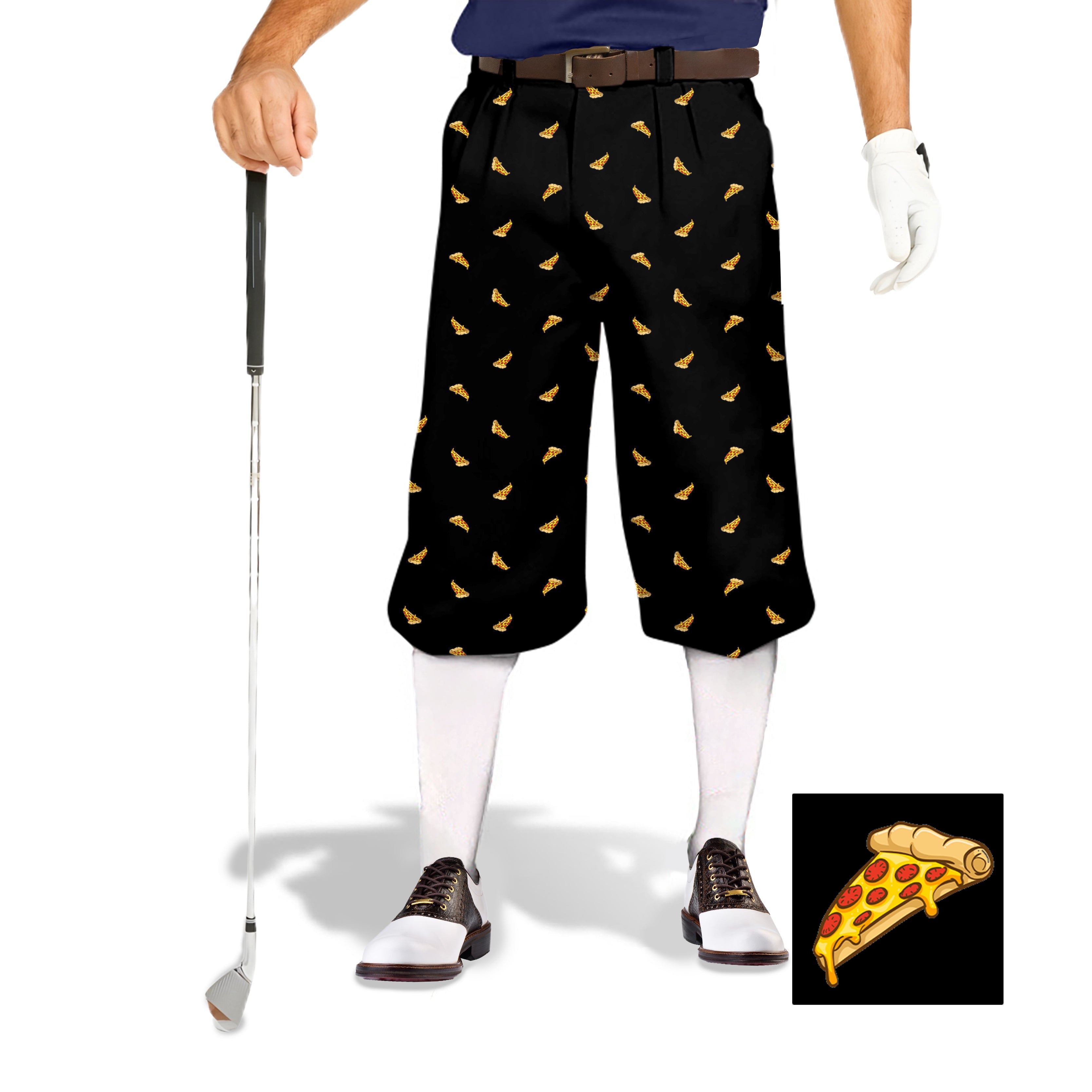 Men's golf knickers with white pizza custom print, black background, soft breathable fabric, adjustable size, and snug ankle cuffs.