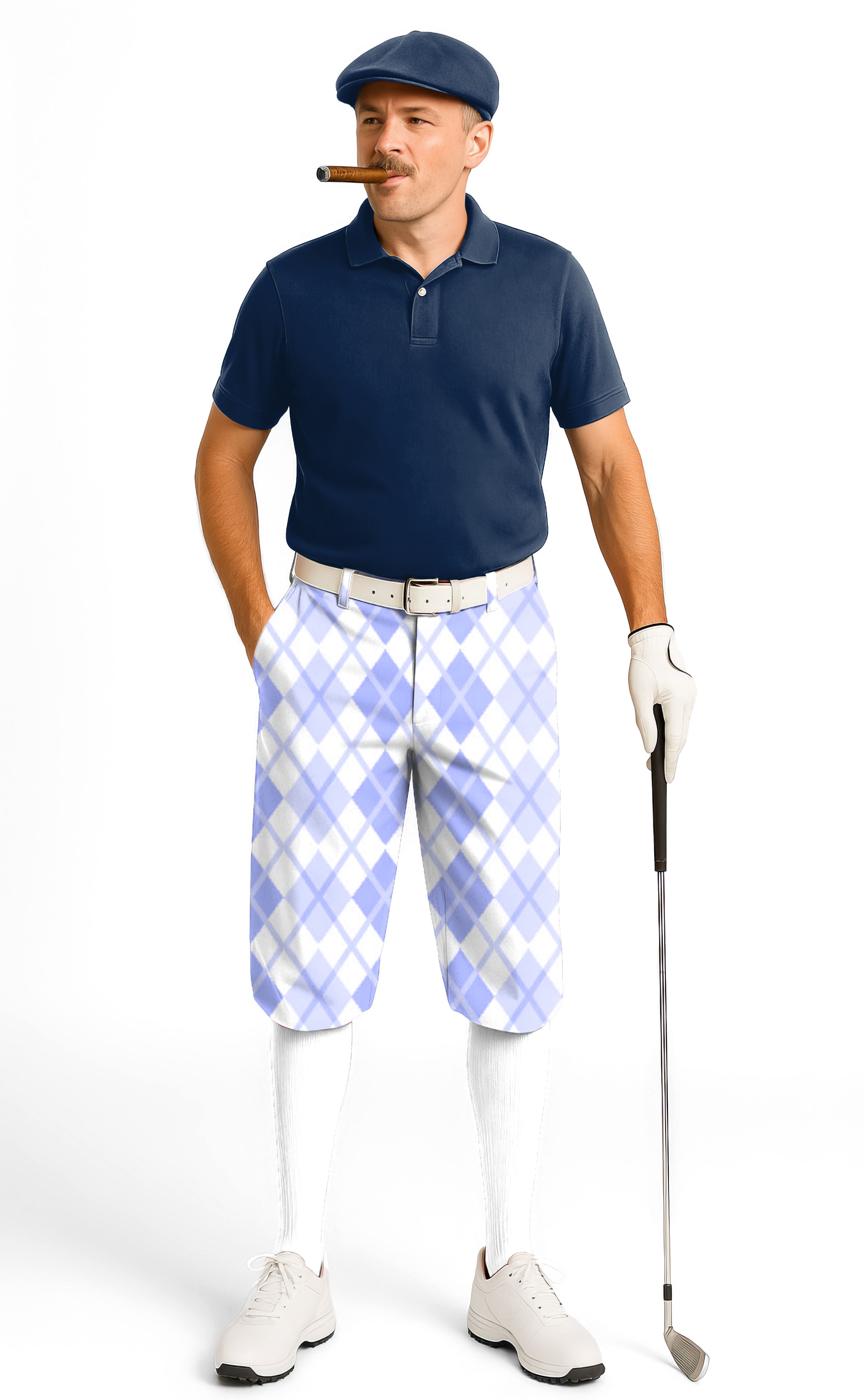 Man wearing Argyle purple grid men's golf knickers with navy polo and golf glove holding a club.