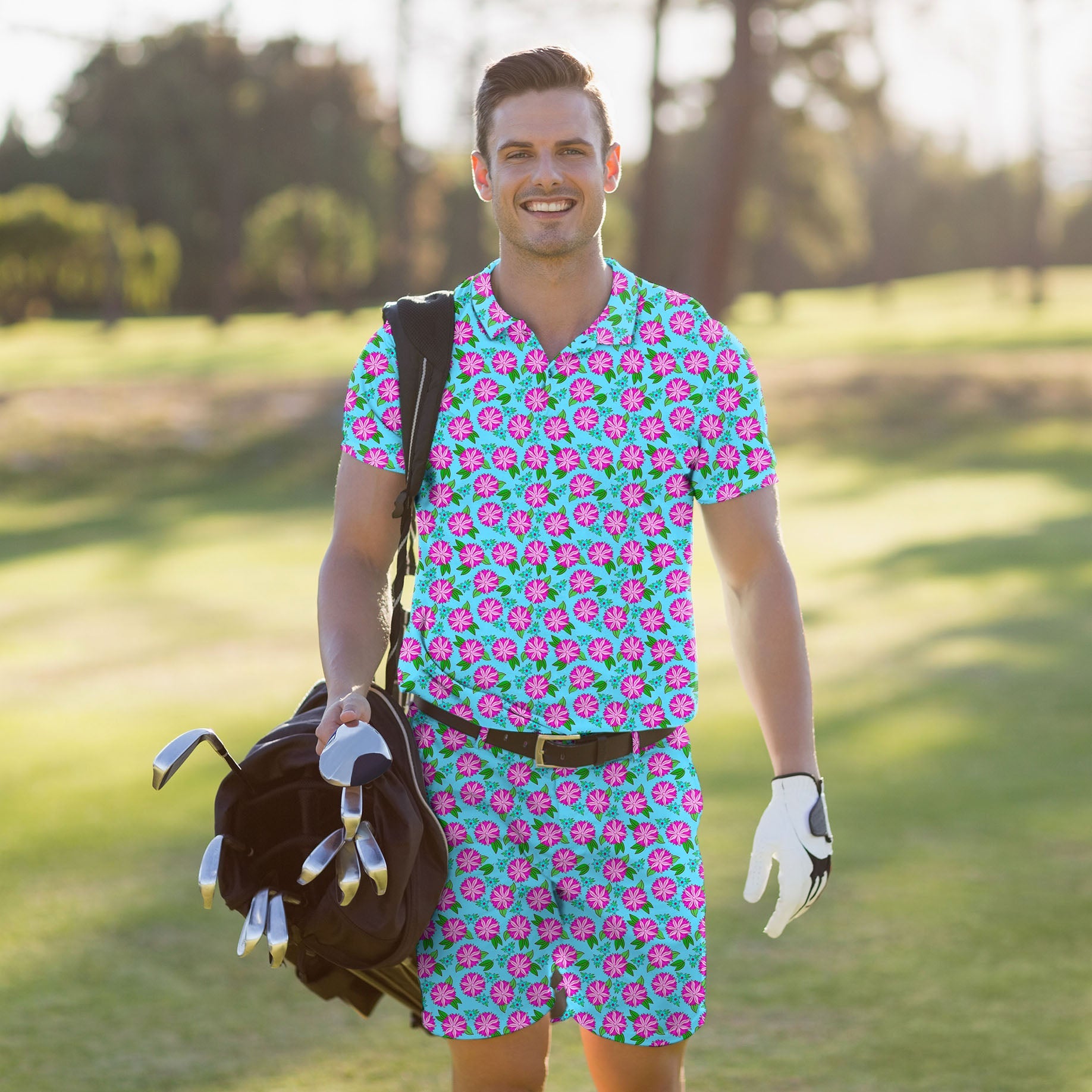 Men's Golf Set with vibrant flower print polo and shorts, moisture-wicking, stretchy, wrinkle-resistant, UPF 40+ sun protection, classic fit.