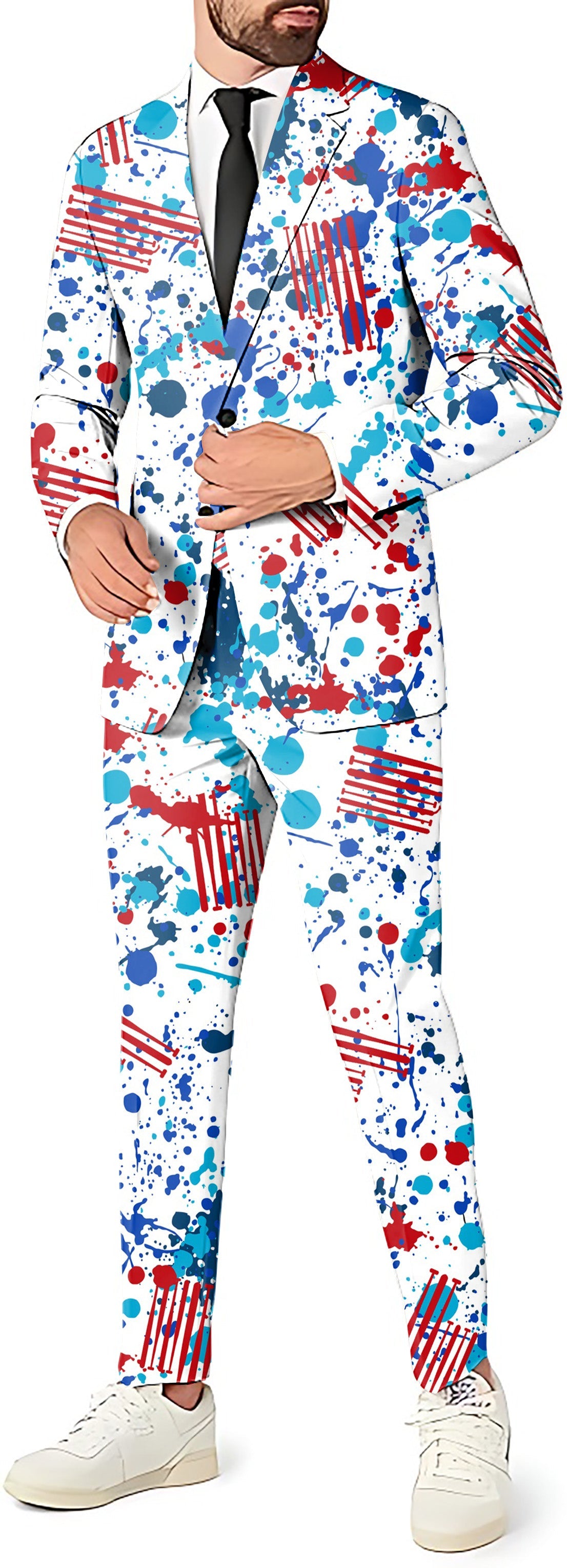 graffiti men's party costume suit set with blazer, pants, and vest in colorful splatter design
