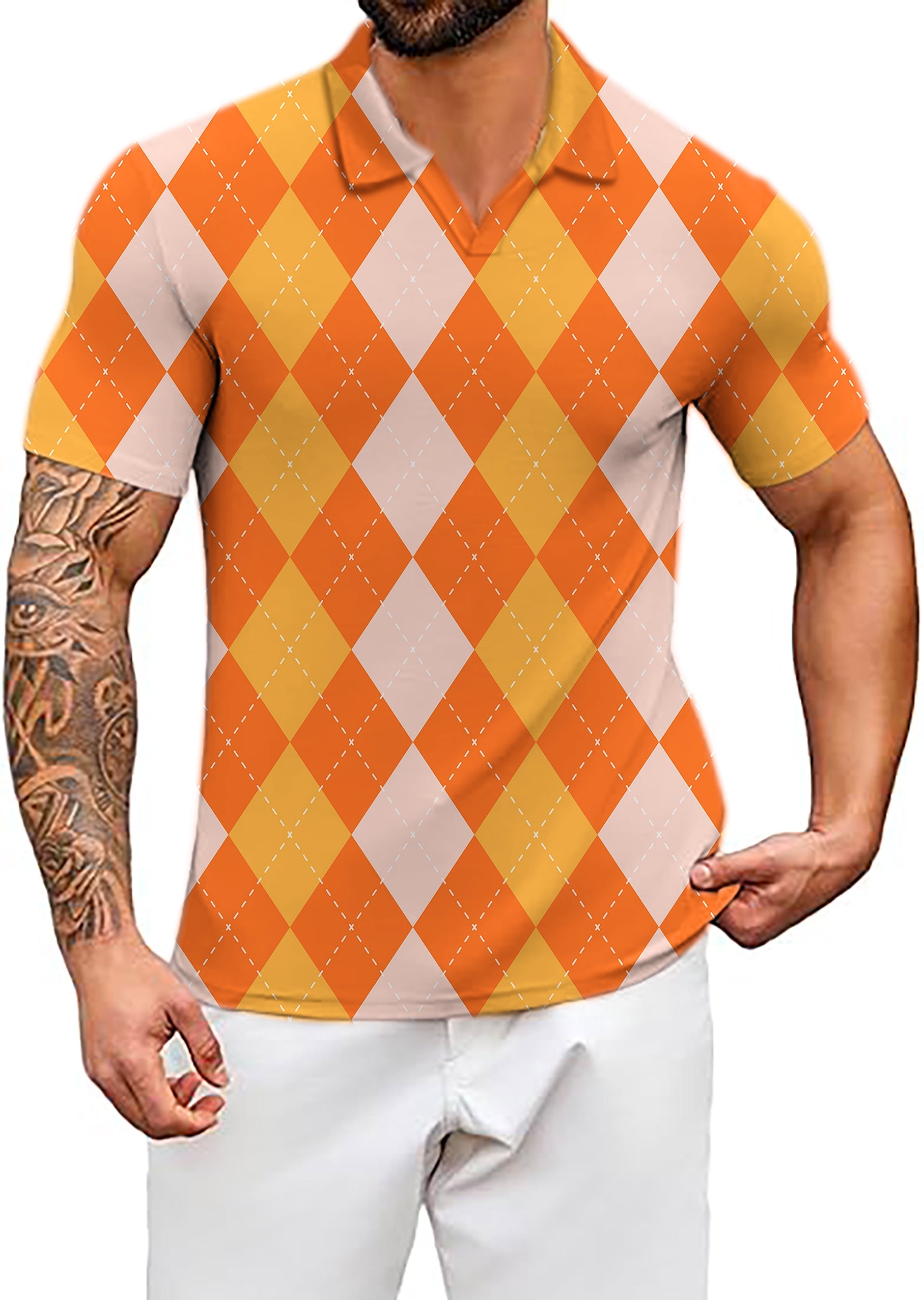 Men's Coconut Palm orange apricot argyle V neck golf polo shirt with four-way stretch and moisture-wicking fabric
