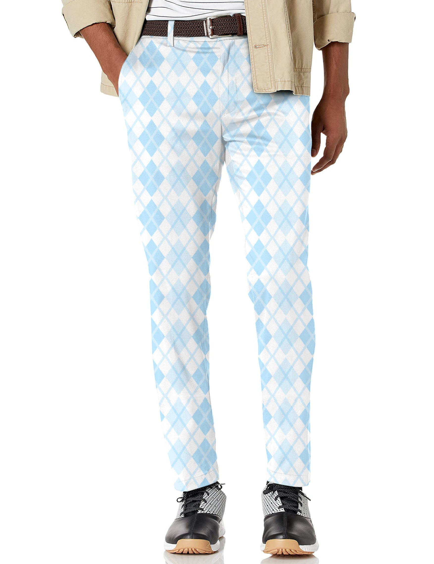Men's Argyle blue grid stretch golf pants with moisture-wicking fabric and active waistband