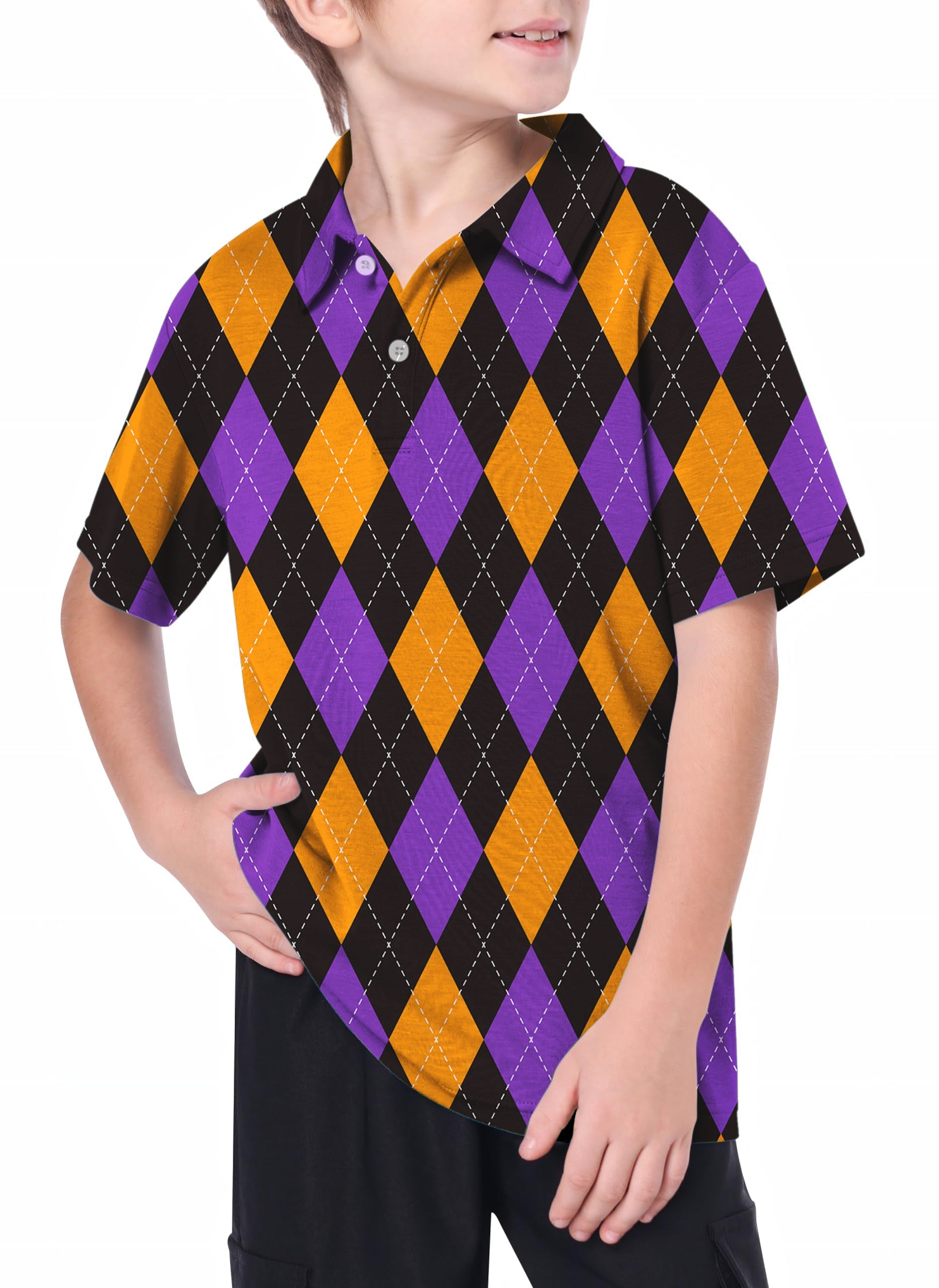 Youth orange purple and black argyle golf polo shirt for boys with 4-way stretch and moisture-wicking fabric