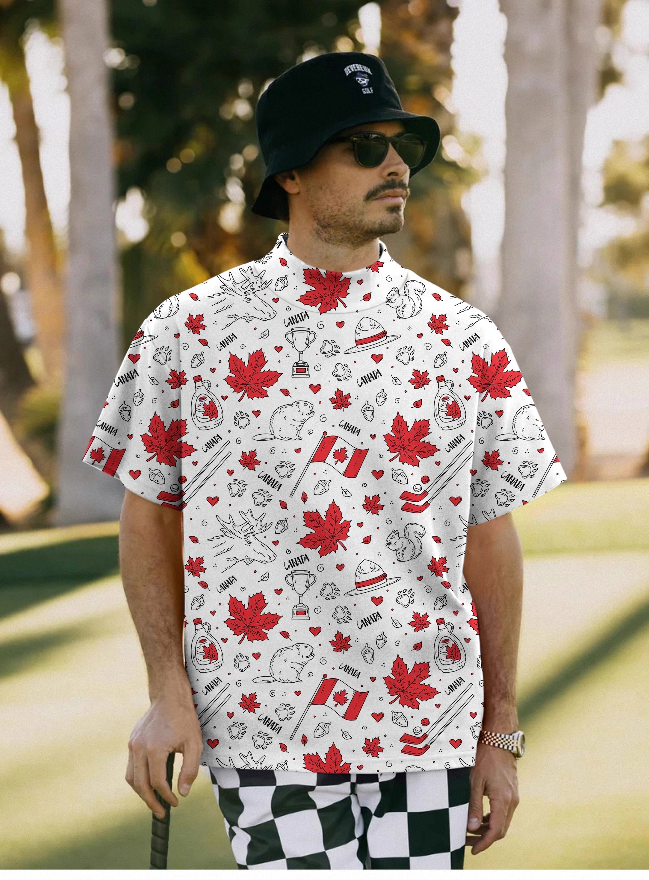 Men's Canadian Balloon Squirrel pullover with maple leaves and Canadian-themed prints, high neck, short sleeve shirt