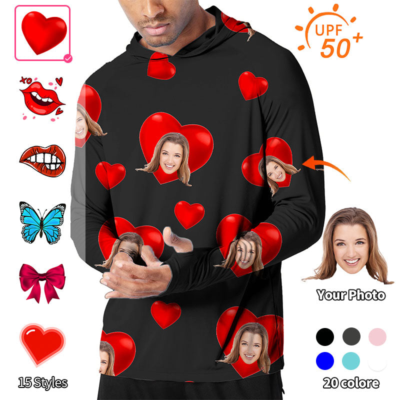Valentine's Day Men's Outdoor Custom Photo Face Custom Color Black Love Golf Sun Protection Slim Fit Hoodies
