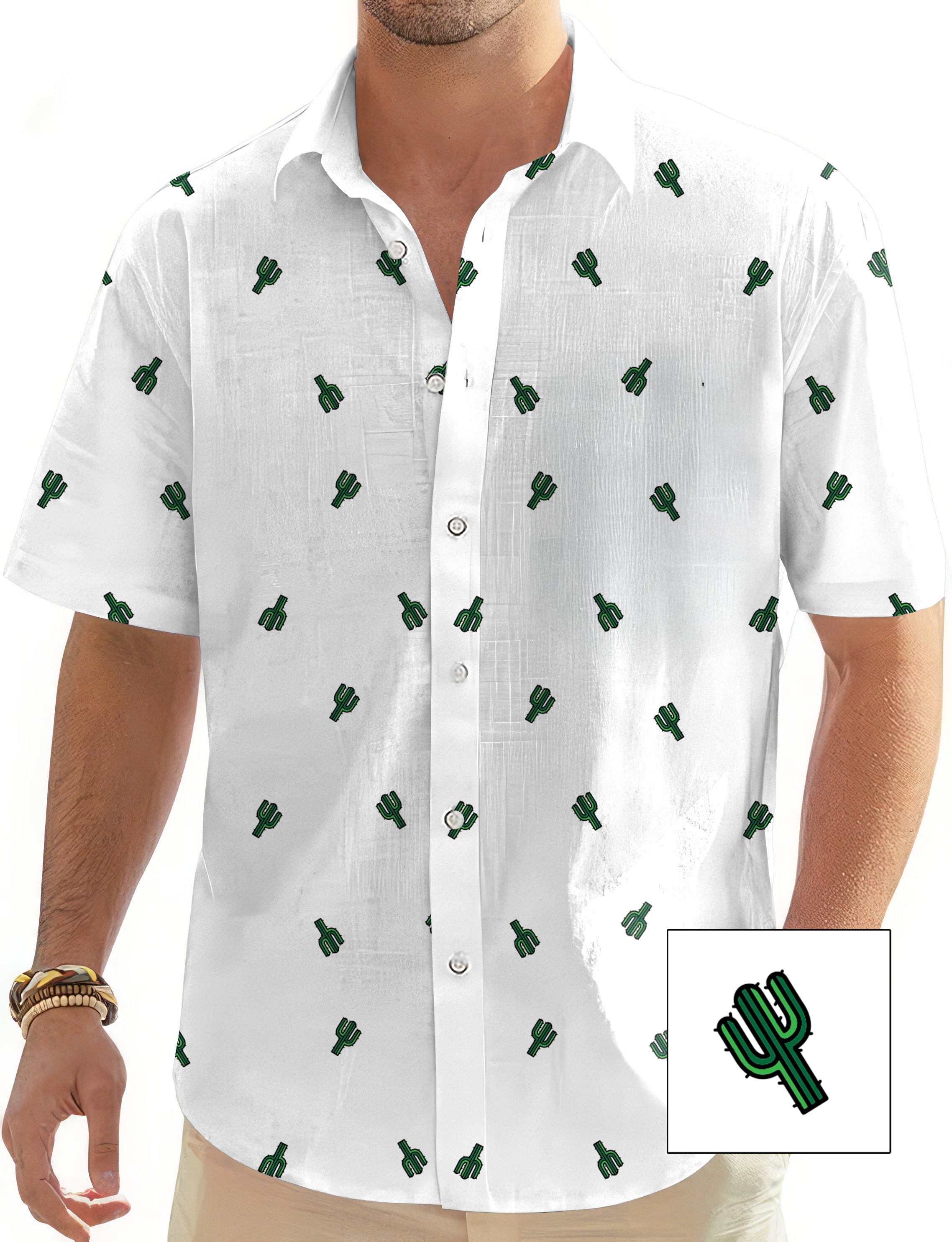 Cactus Custom men's white button-down golf shirt with green cactus print and short sleeves
