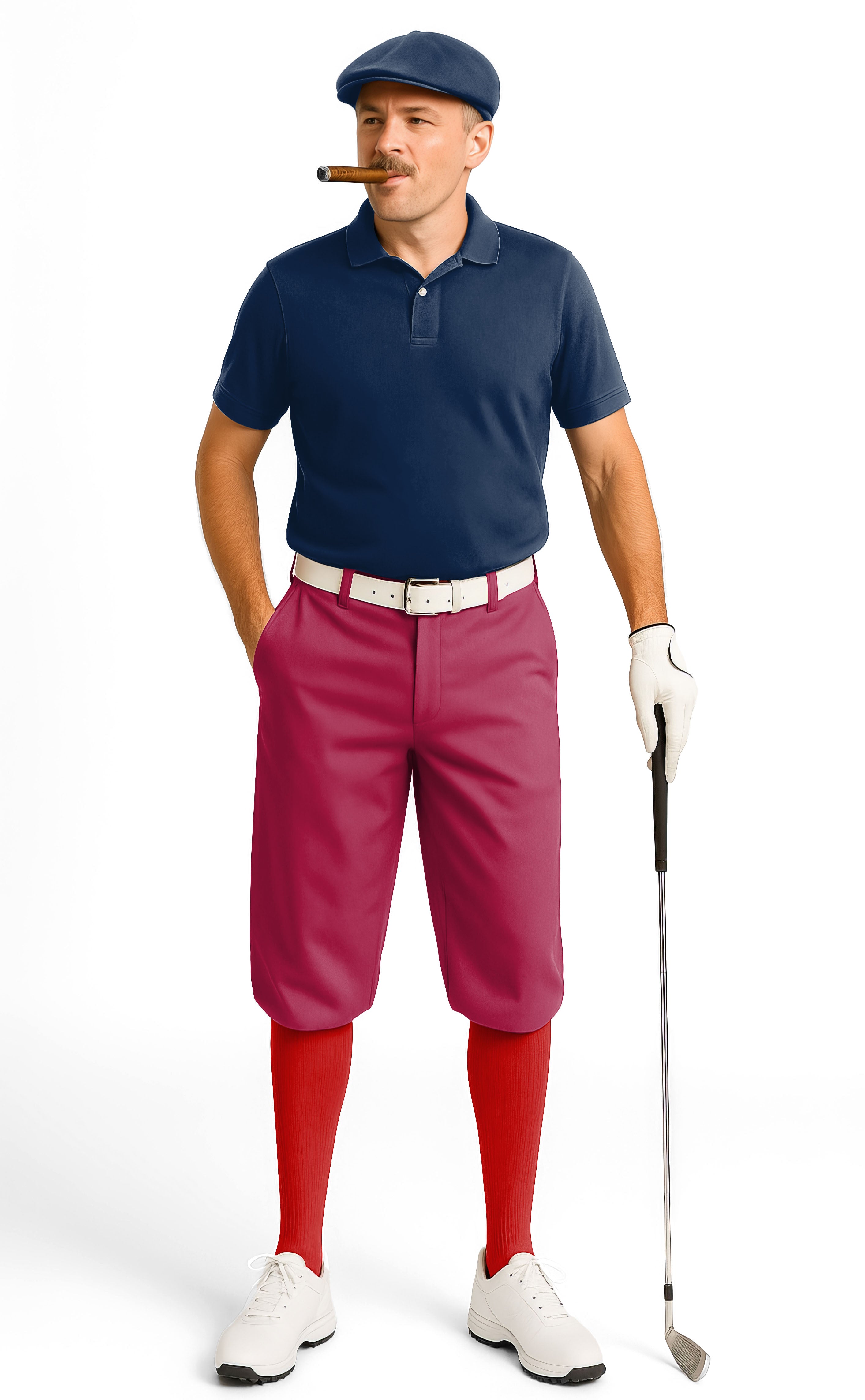 Man wearing maroon men's golf knickers with navy polo, red socks, and golf glove holding golf club
