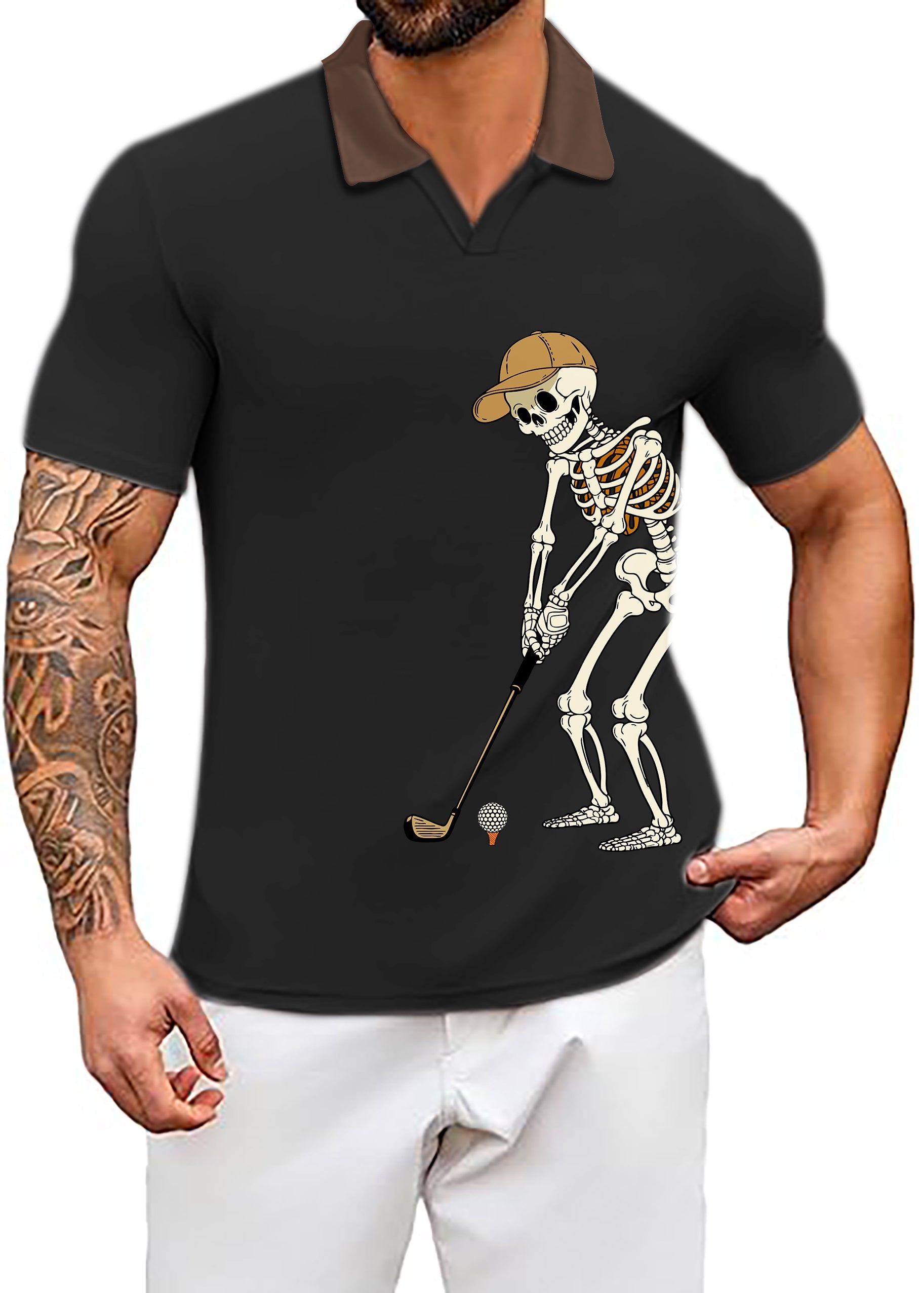 Men's Coconut Palm navy blue golf shirt with yellow, black, brown Halloween skeleton design and moisture-wicking fabric