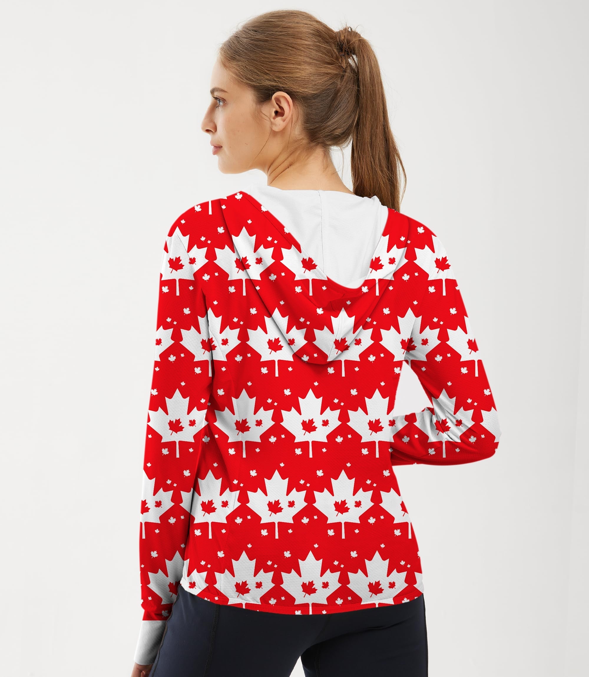 Women's outdoor slim fit zip hoodie with Canadian maple leaf pattern, lightweight, breathable, and UV protection for sun safety during sports.