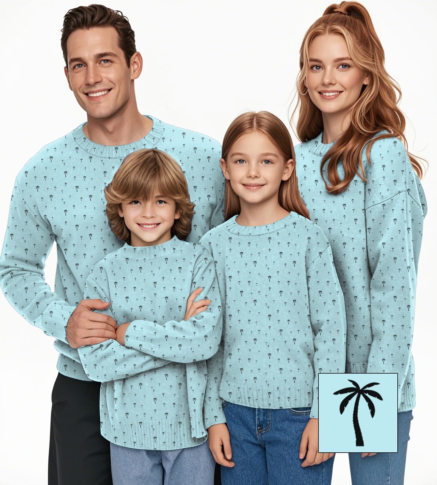 Family wearing light blue palm crewneck pullover sweaters
