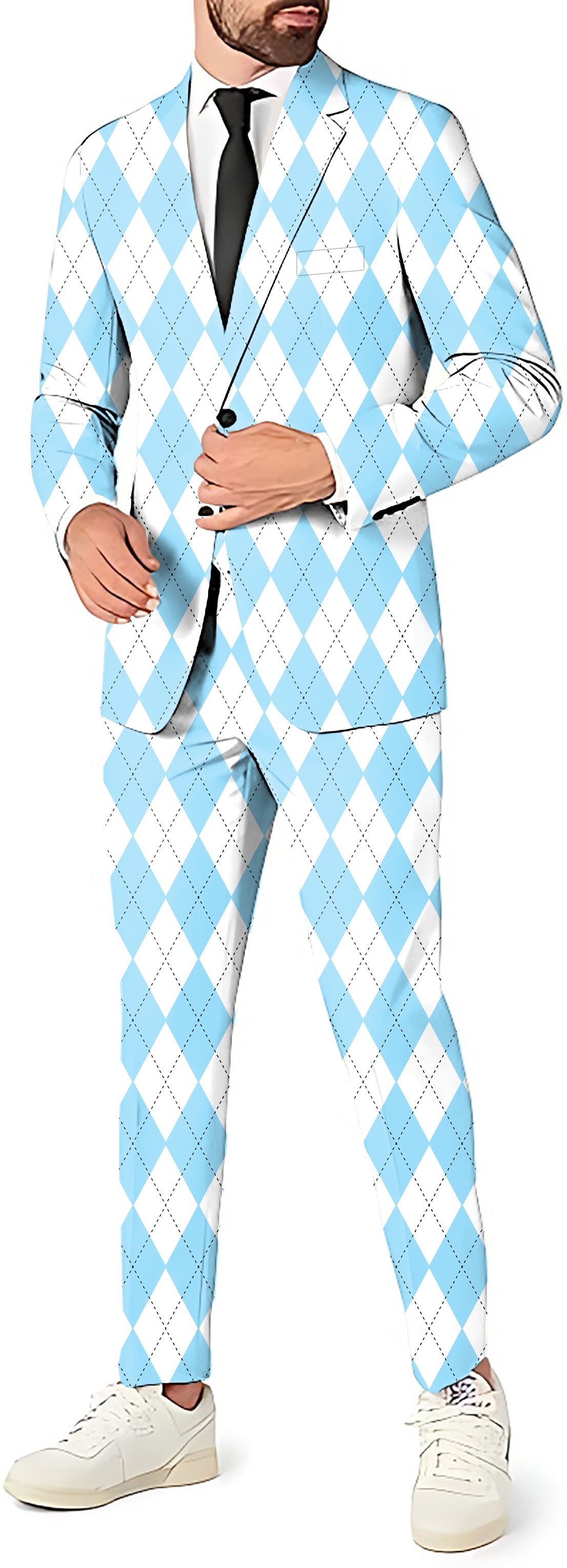 Blue diamond grid men's party suit set with blazer, pants, and vest in slim fit design