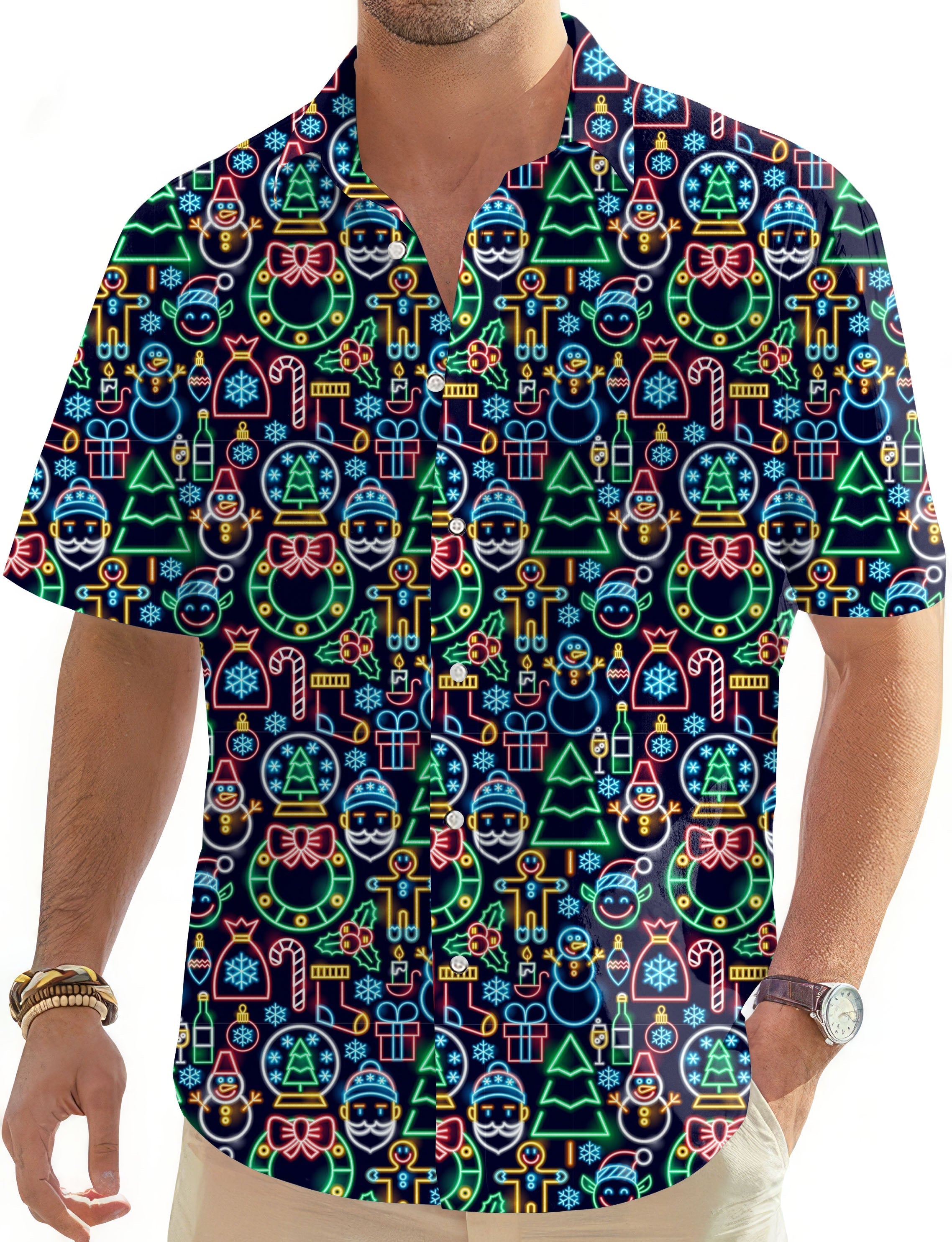 Men's neon Christmas Hawaiian shirt with button-down collar and festive holiday icons pattern