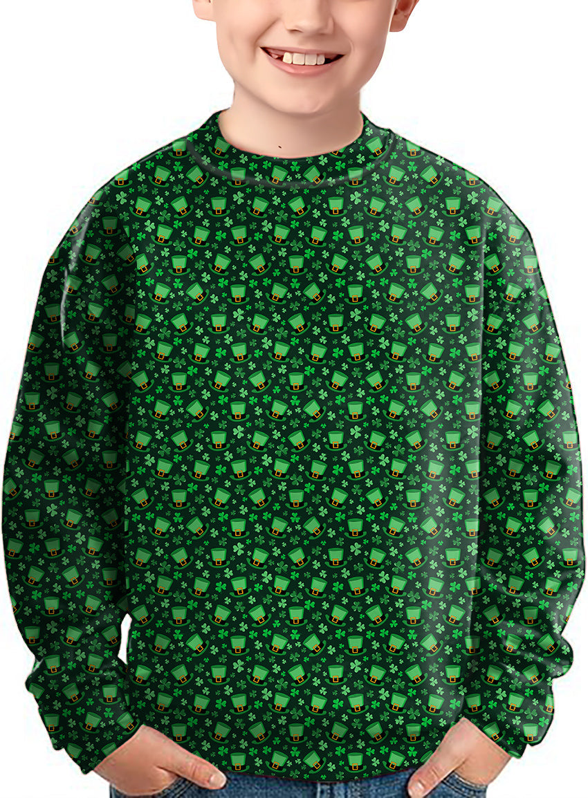 Kids St. Patrick's Day crewneck pullover ugly sweater with leprechaun hat and clover leaf pattern
