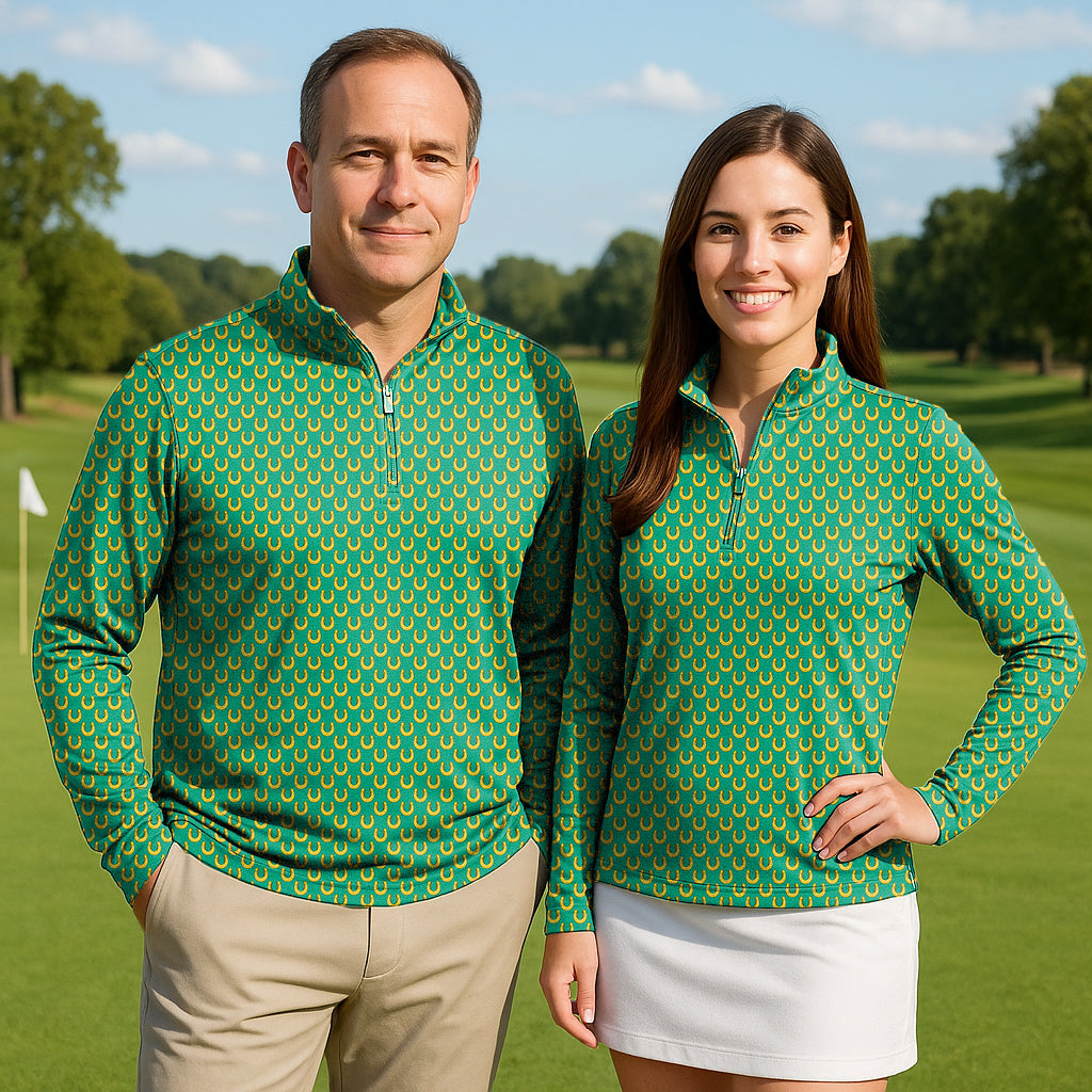 Couple wearing Horseshoe Couple Golf active 3/4 zip tops with long sleeves on golf course