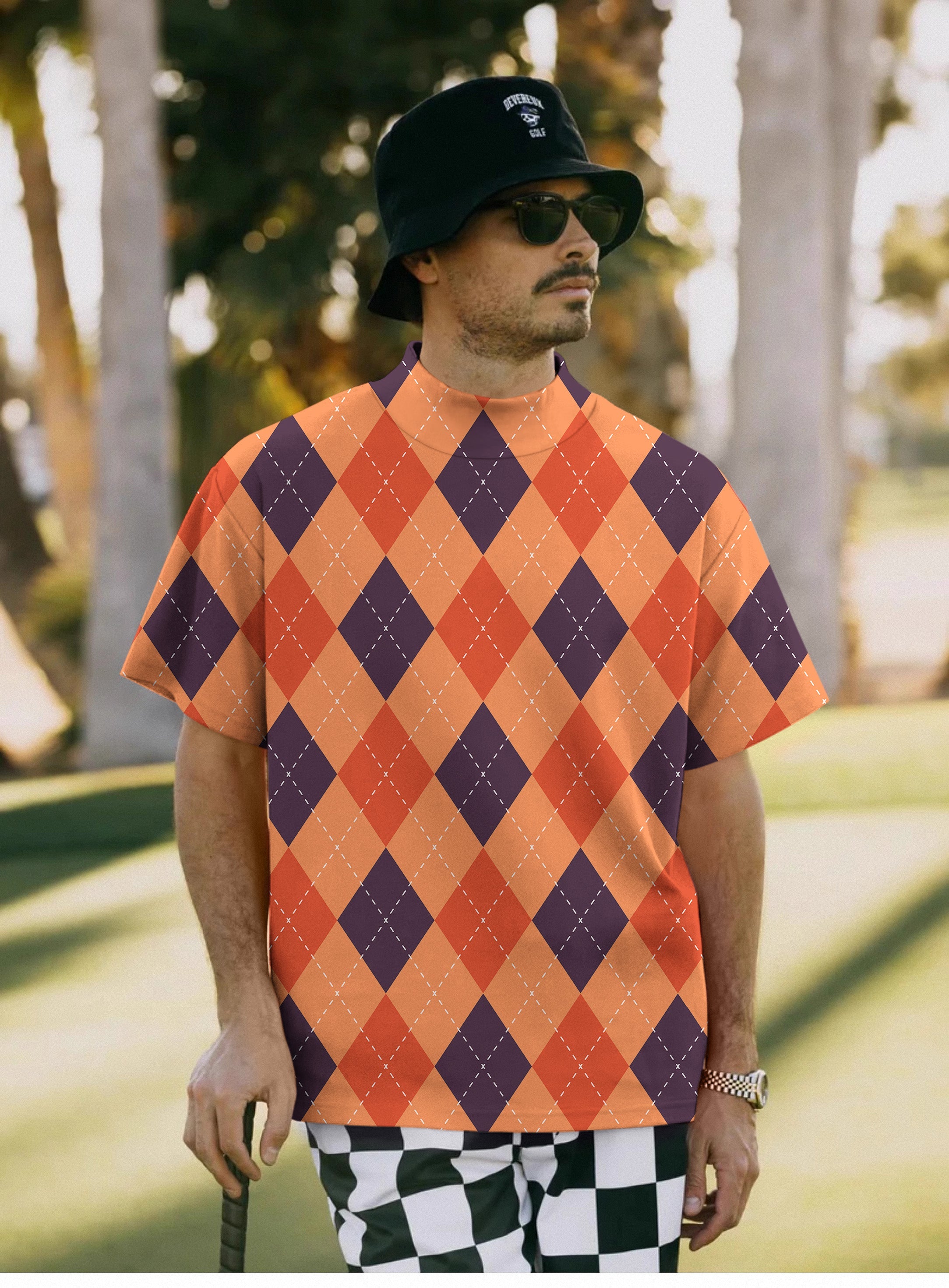 Men's Halloween black red orange argyle pullover high neck short sleeve t-shirt