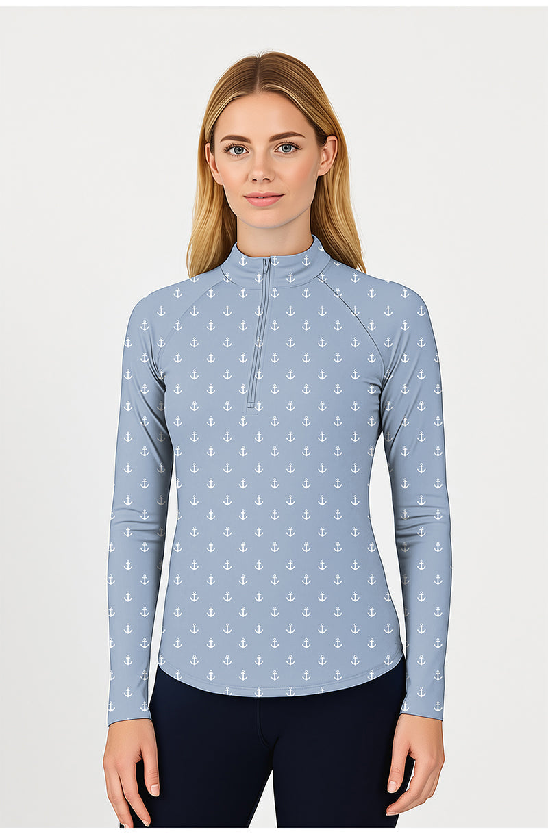 Blue Anchor Women's Golf 3/4 zip long sleeve top with anchor print and mock collar